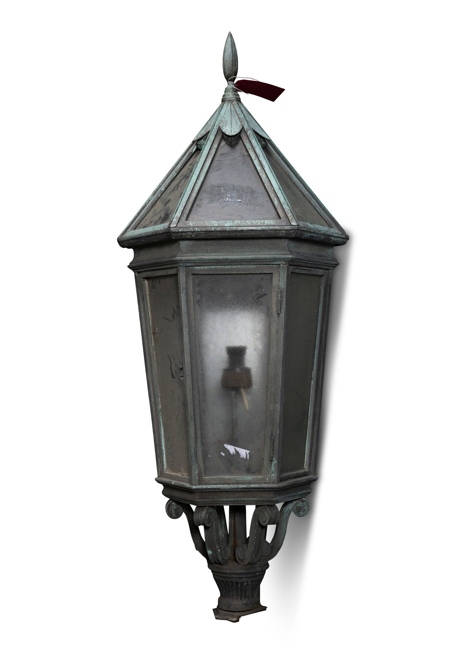 A BRONZE LANTERN, of upright hexagonal form with finial glazed panel doors. c.130cm high (1 of 3)