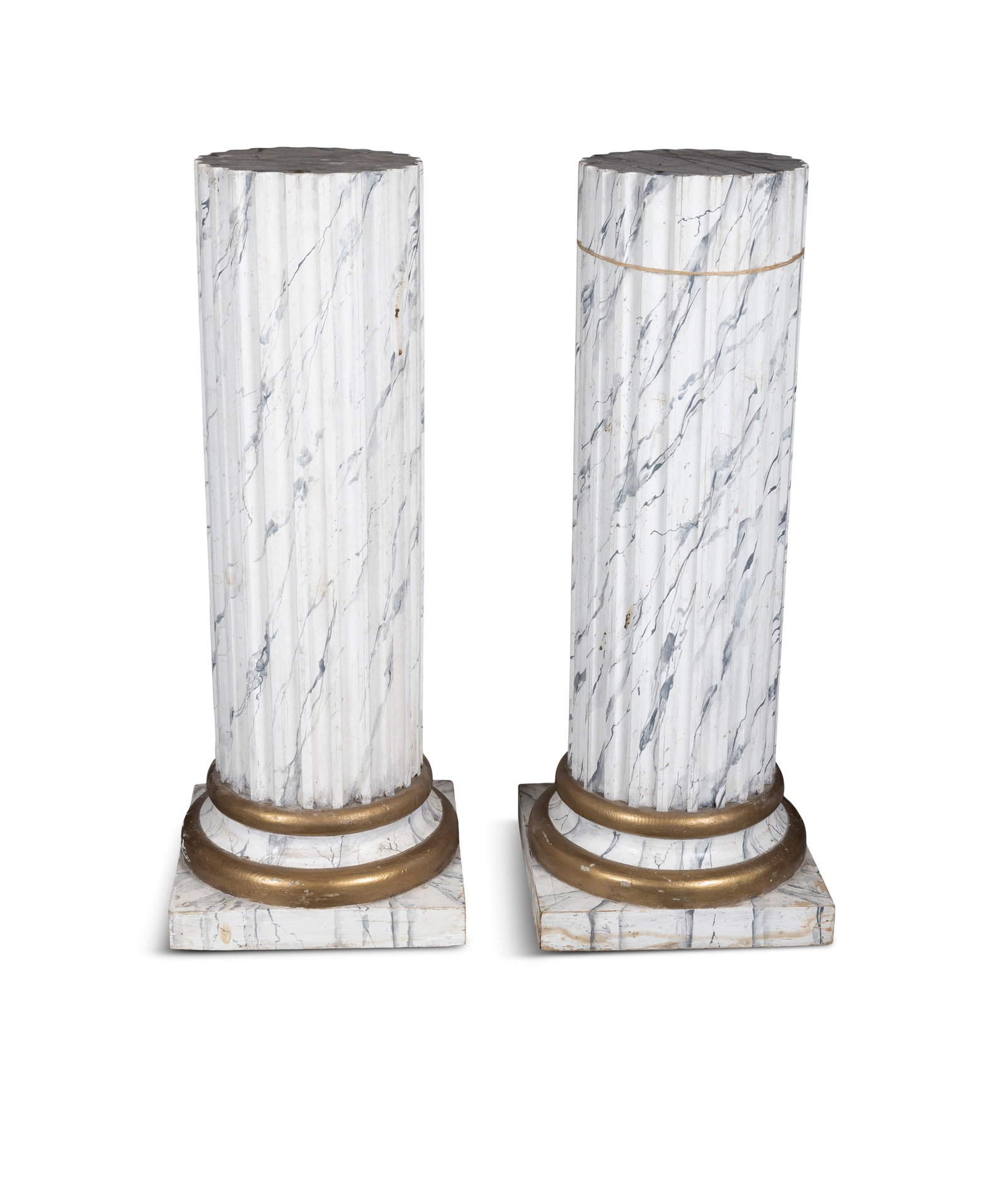 A PAIR OF FAUX MARBLE TIMBER COLUMNS fluted design, painted in a marbleised pattern on stepped (1 of 2)
