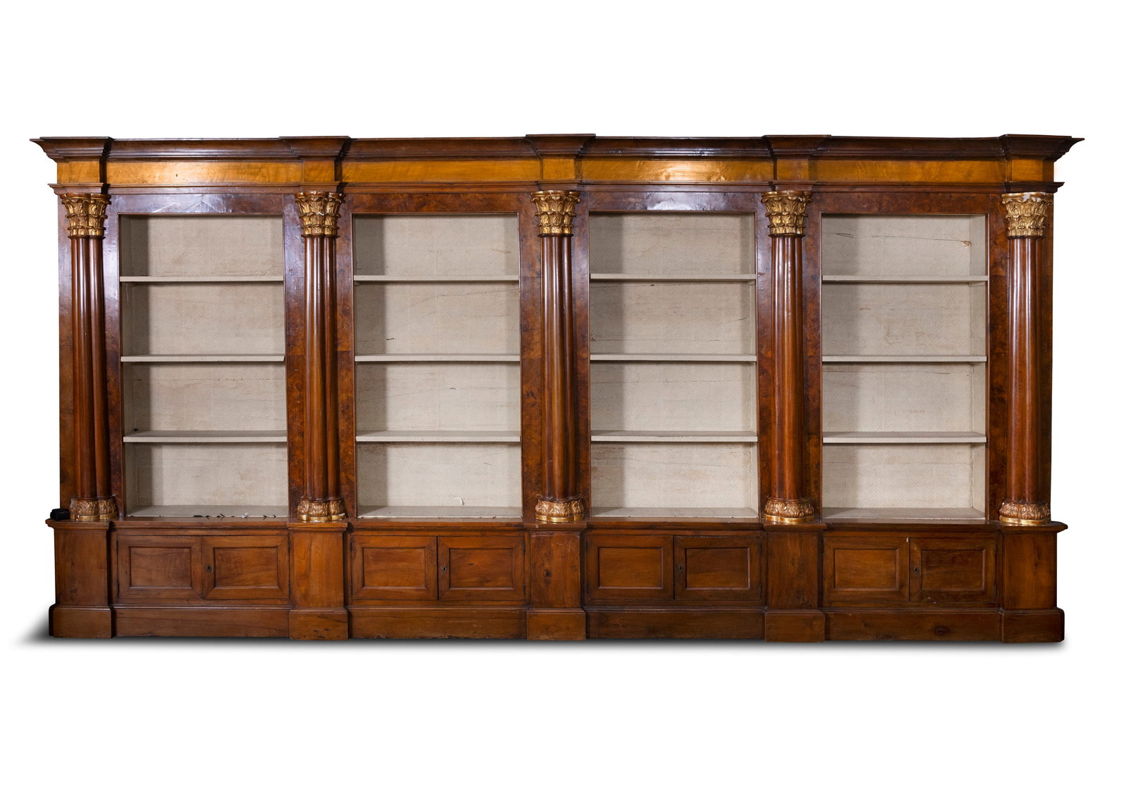 AN ITALIAN 18TH CENTURY SATINWOOD AND BURL WALNUT PHARMACY DISPLAY CABINET, Moulded cornice over a: AN ITALIAN 18TH CENTURY SATINWOOD AND BURL WALNUT PHARMACY DISPLAY CABINET, Moulded cornice over a satinwood frieze, with four open shelved sections flanked by pilasters with acanthus leaf gilt capita