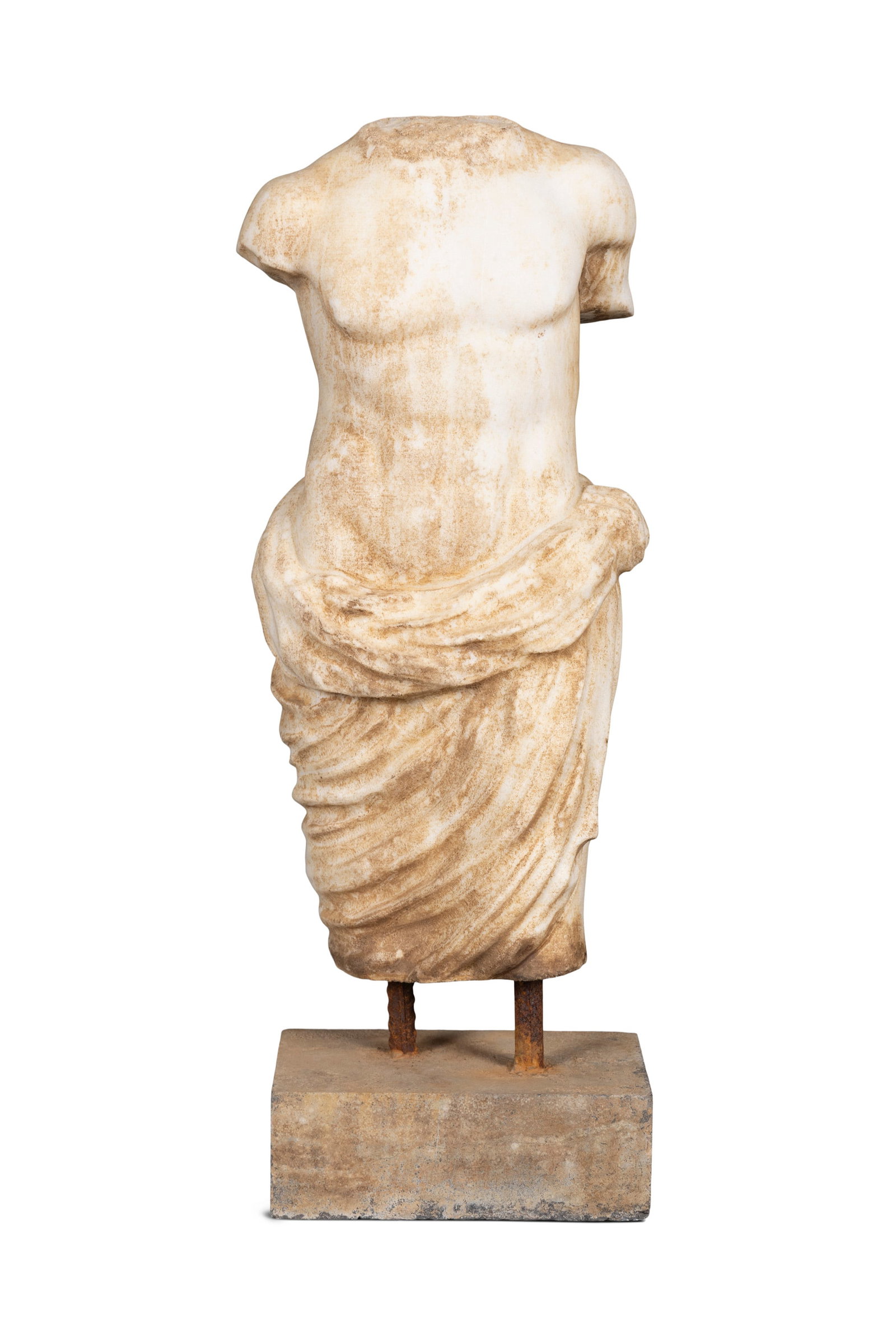 A MARBLE STATUE OF A MALE TORSO, with classical drapery on plinth base, 48cm high (1 of 3)