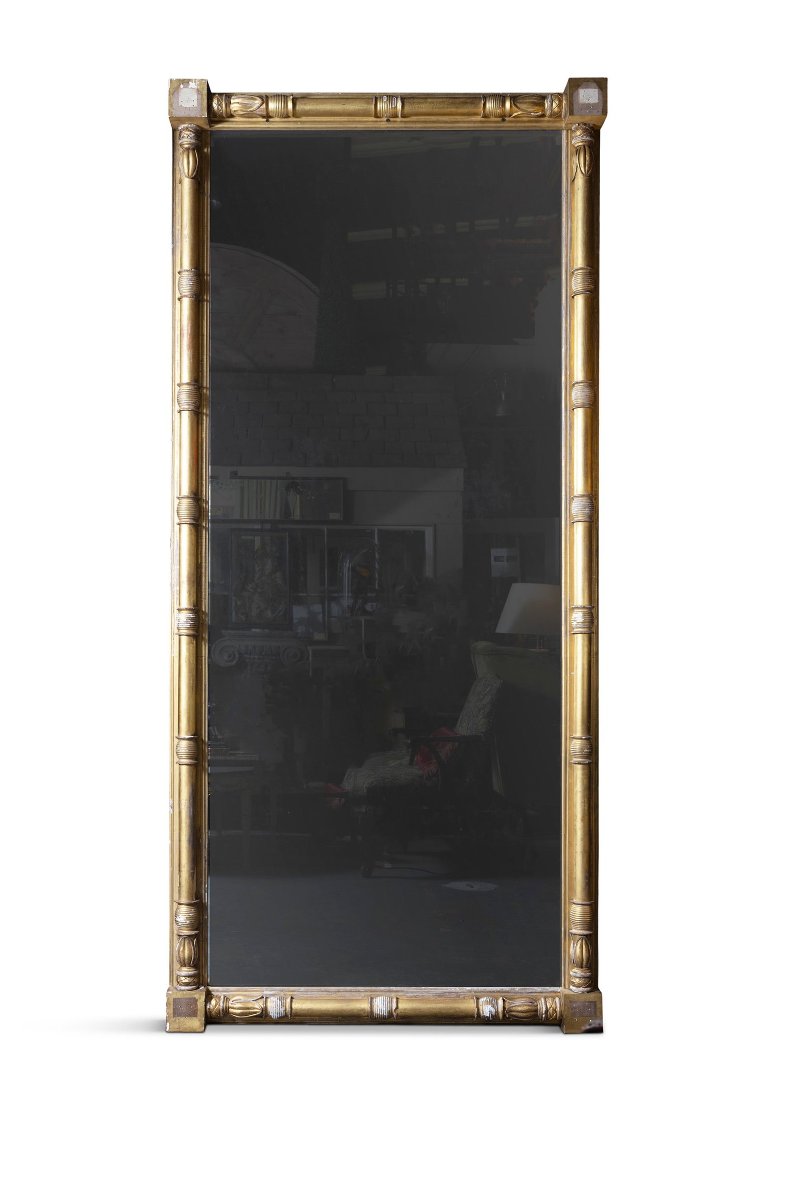 A LARGE GILTWOOD OVERMANTLE MIRROR, 19TH CENTURY upright form, the rectangular glass plate flanked (1 of 3)