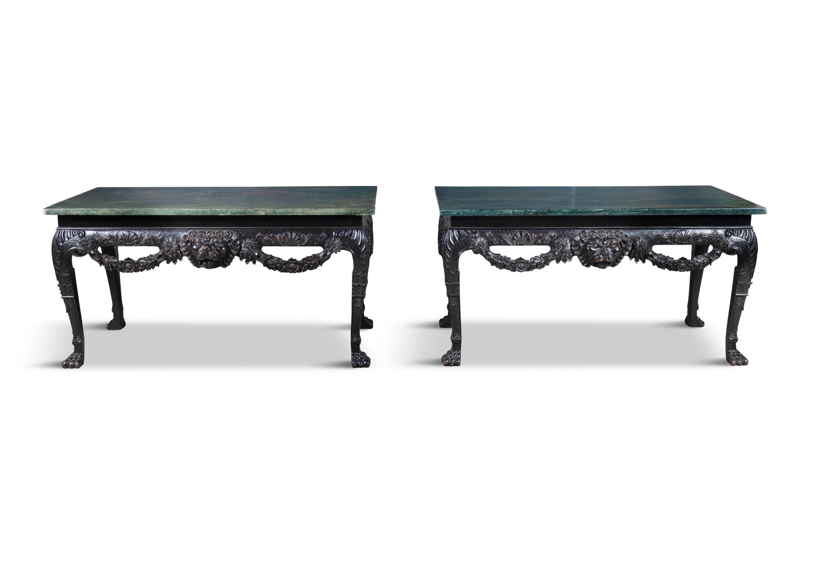 A PAIR OF IRISH GEORGE II STYLE STAINED PINE MASKED SIDE TABLES each with green marble tops, the (1 of 6)