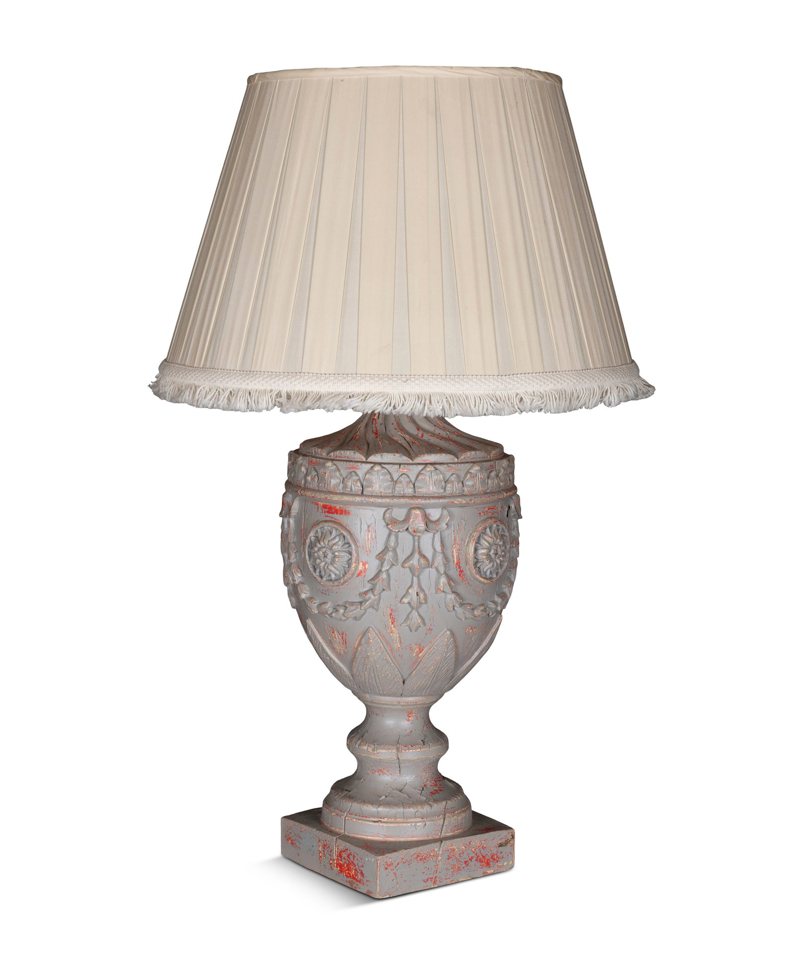 A PAINTED PINE URN CONVERTED TO TABLE LAMP, typical form carved with medallion and ribbon tied (1 of 3)
