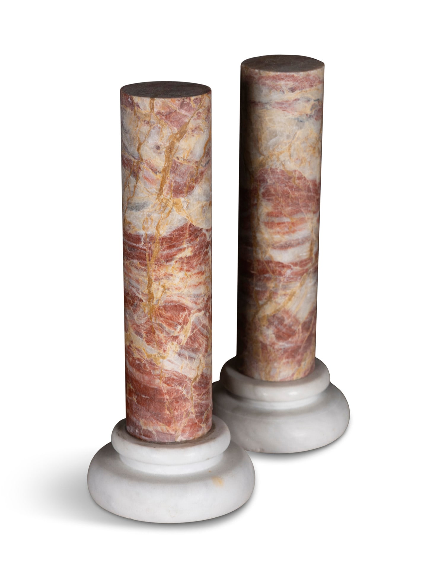 A PAIR OF 19TH CENTURY ROUGE MARBLE GRAND TOUR TABLE COLUMNS, on stepped circular white marble (1 of 2)