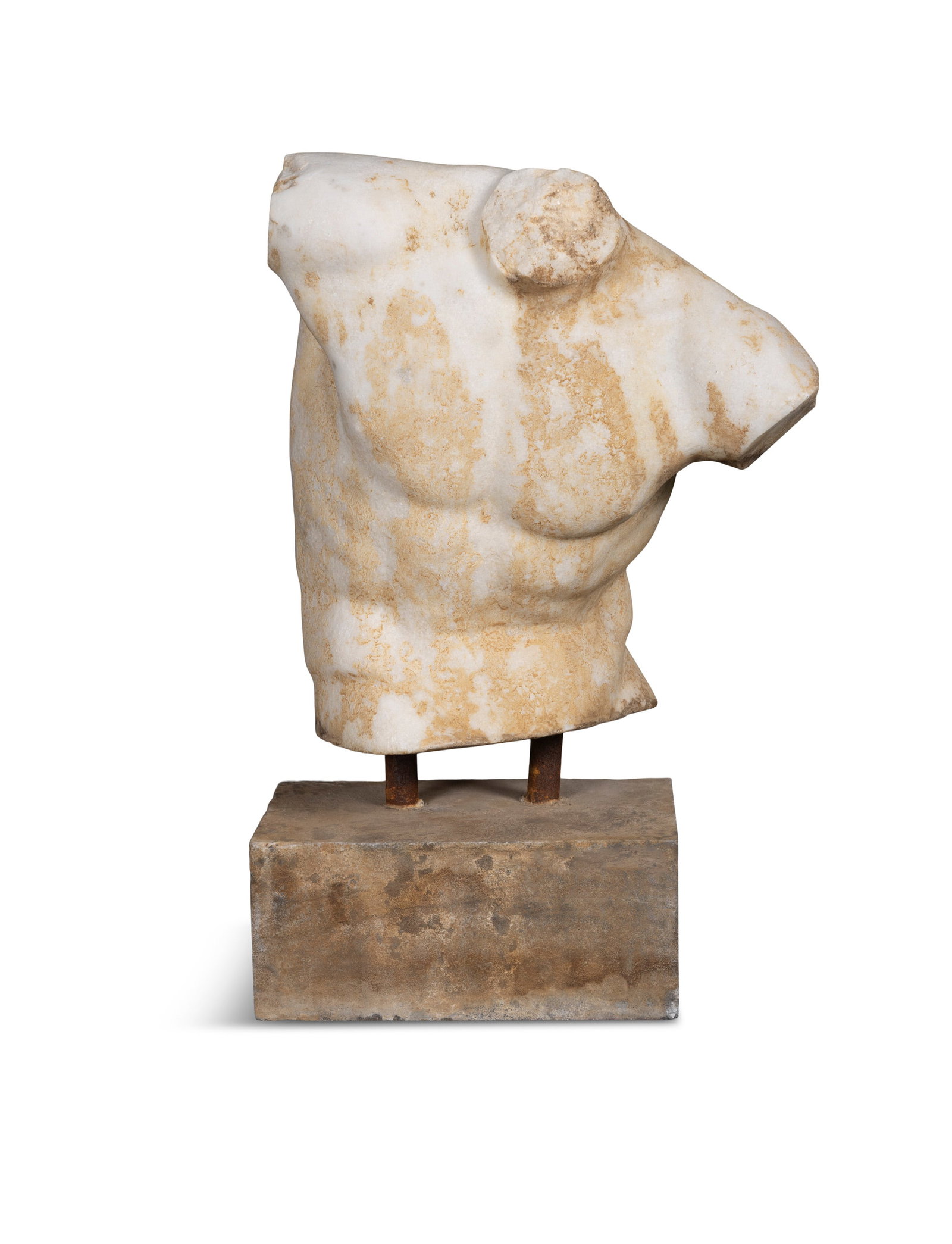 AN ITALIAN MARBLE BUST OF A MALE TORSO, on plinth base, the entirety is 46cm high (1 of 3)