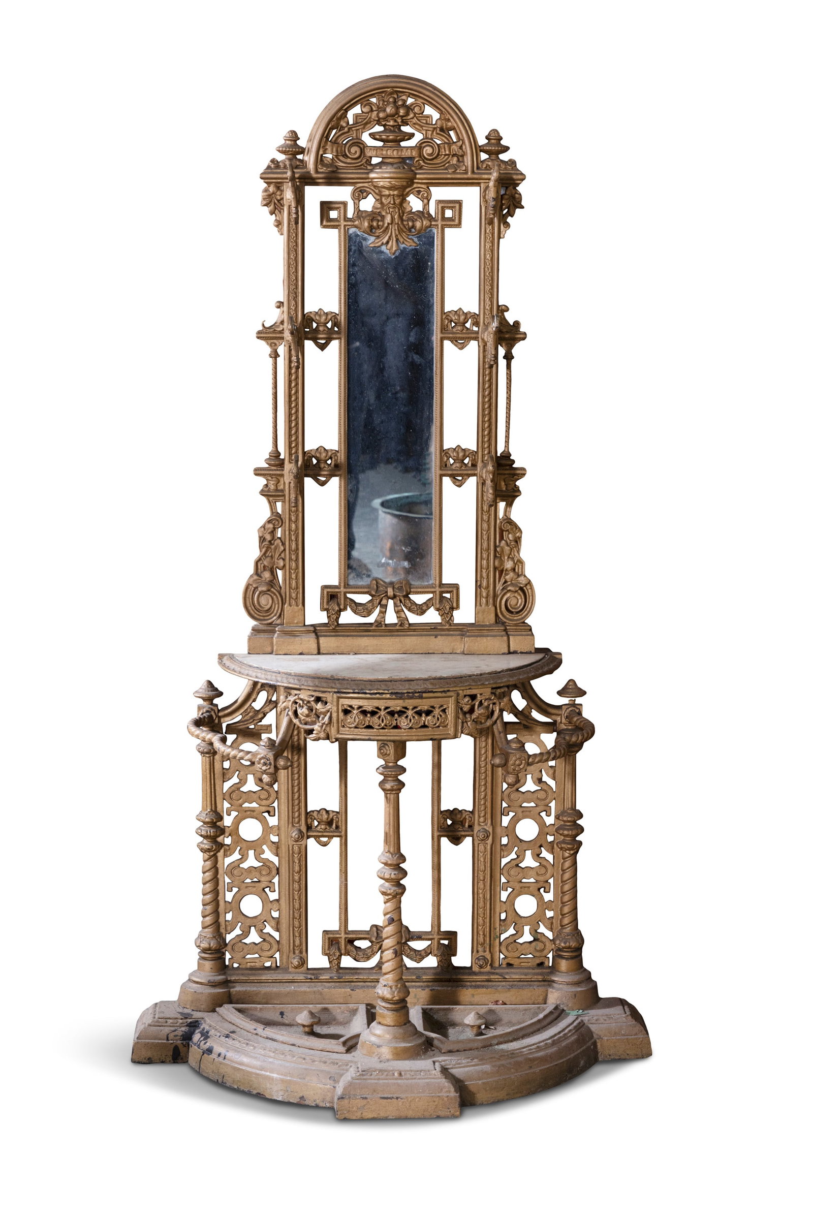 A CAST IRON COAT STAND arched top centred with scroll work cartouche flanked by finials over a (1 of 4)