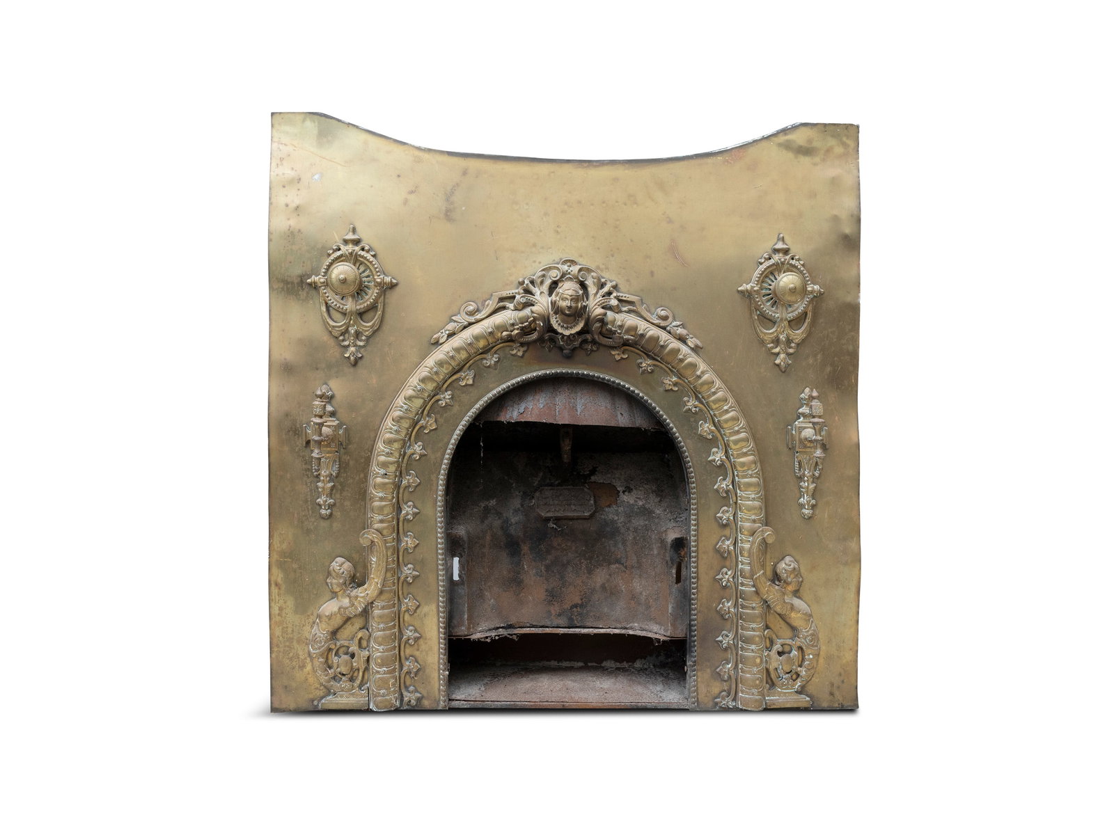 A BRASS AND CAST IRON FIRE GRATE AND INSERT upright rectangular form, with arched central section (1 of 4)