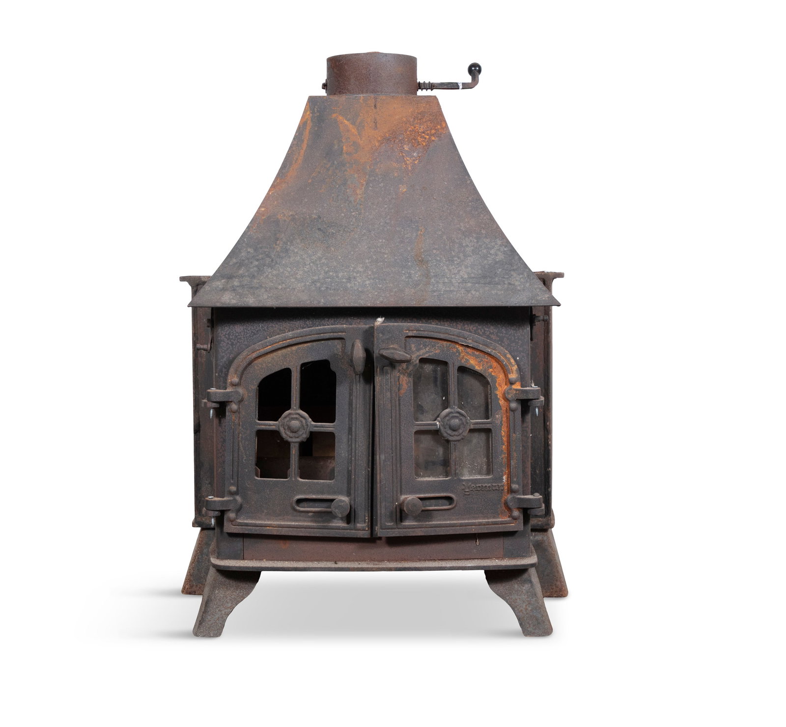 A CAST IRON STOVE, 19TH CENTURY, with arched roof and twin glazed doors, 100cm high, 62cm wide, (1 of 5)