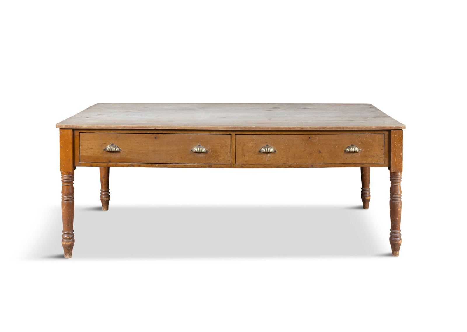 A LARGE VICTORIAN PINE KITCHEN TABLE, the shaped rectangular top above twin frieze drawers, raised (1 of 5)