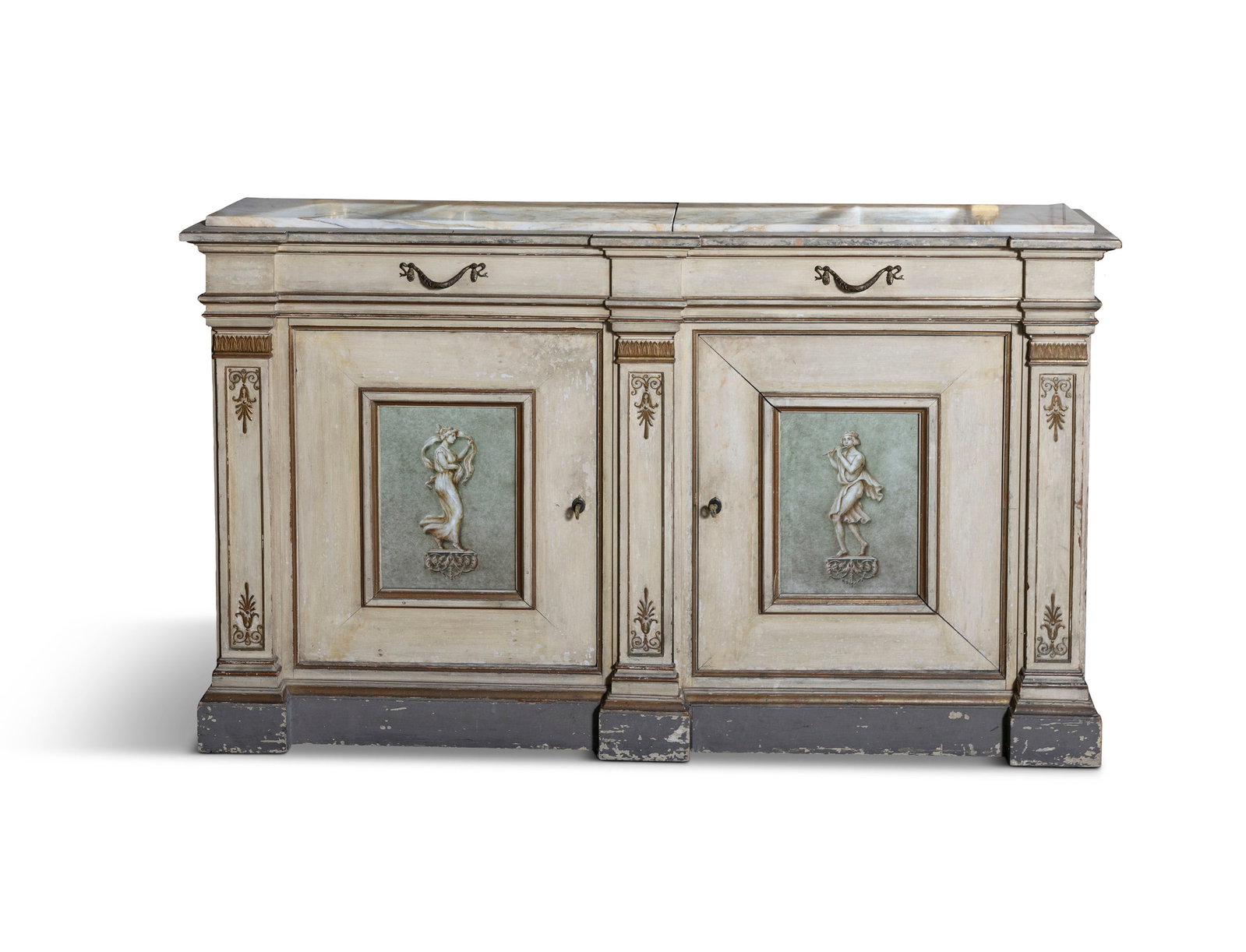 AN ITALIAN PAINTED BREAK FRONT SIDE CABINET, over faux twin drawer frieze fielded panel cupboard (1 of 3)