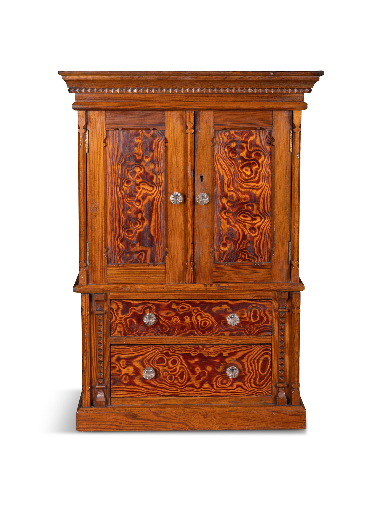 A SATINWOOD INLAID PINE MINIATURE CUPBOARD, in two sections, the upper section with twin fielded (1 of 3)