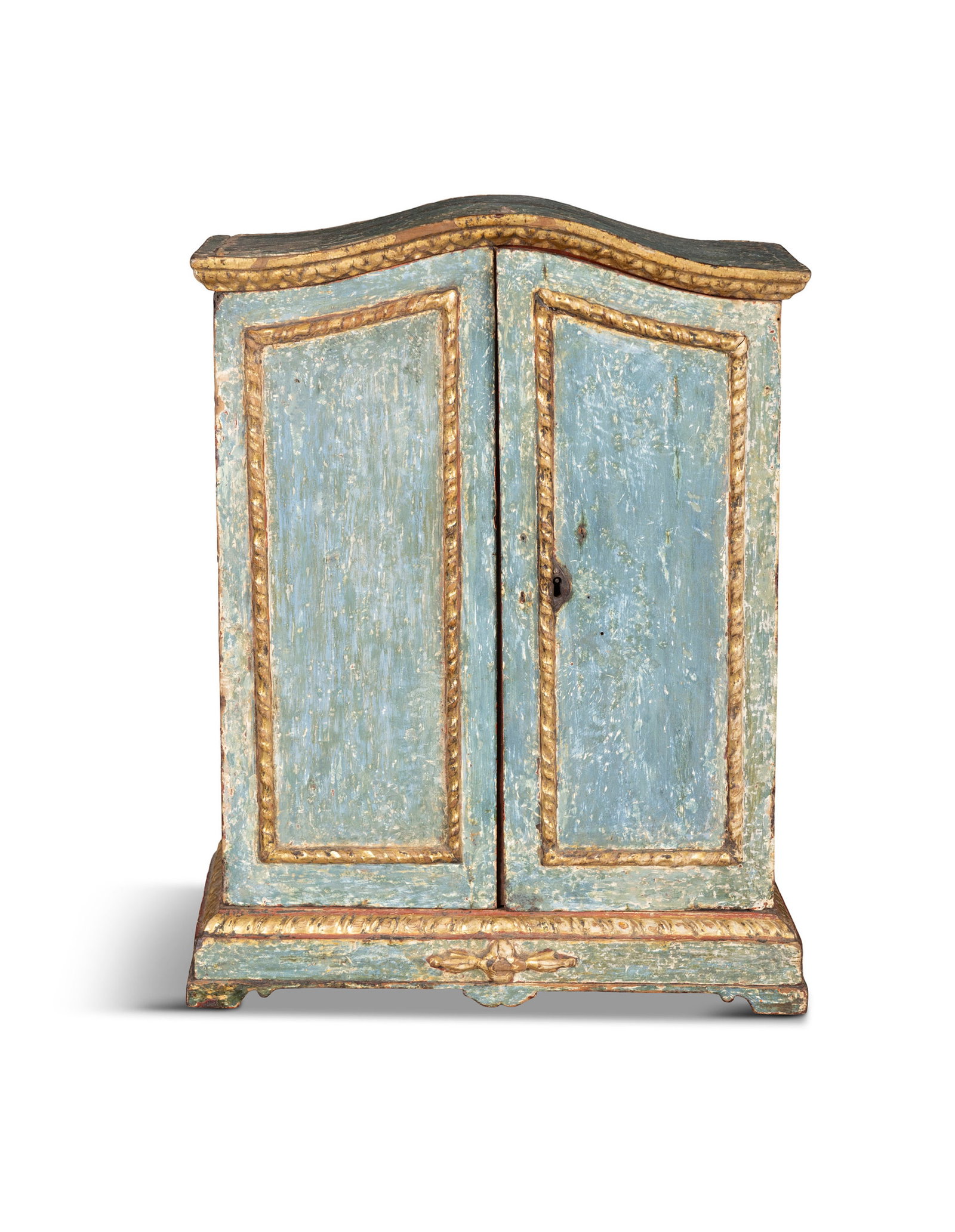 A PAINTED PINE MINIATURE WARDROBE, arched top over fielded panel doors, painted in light blue (1 of 2)