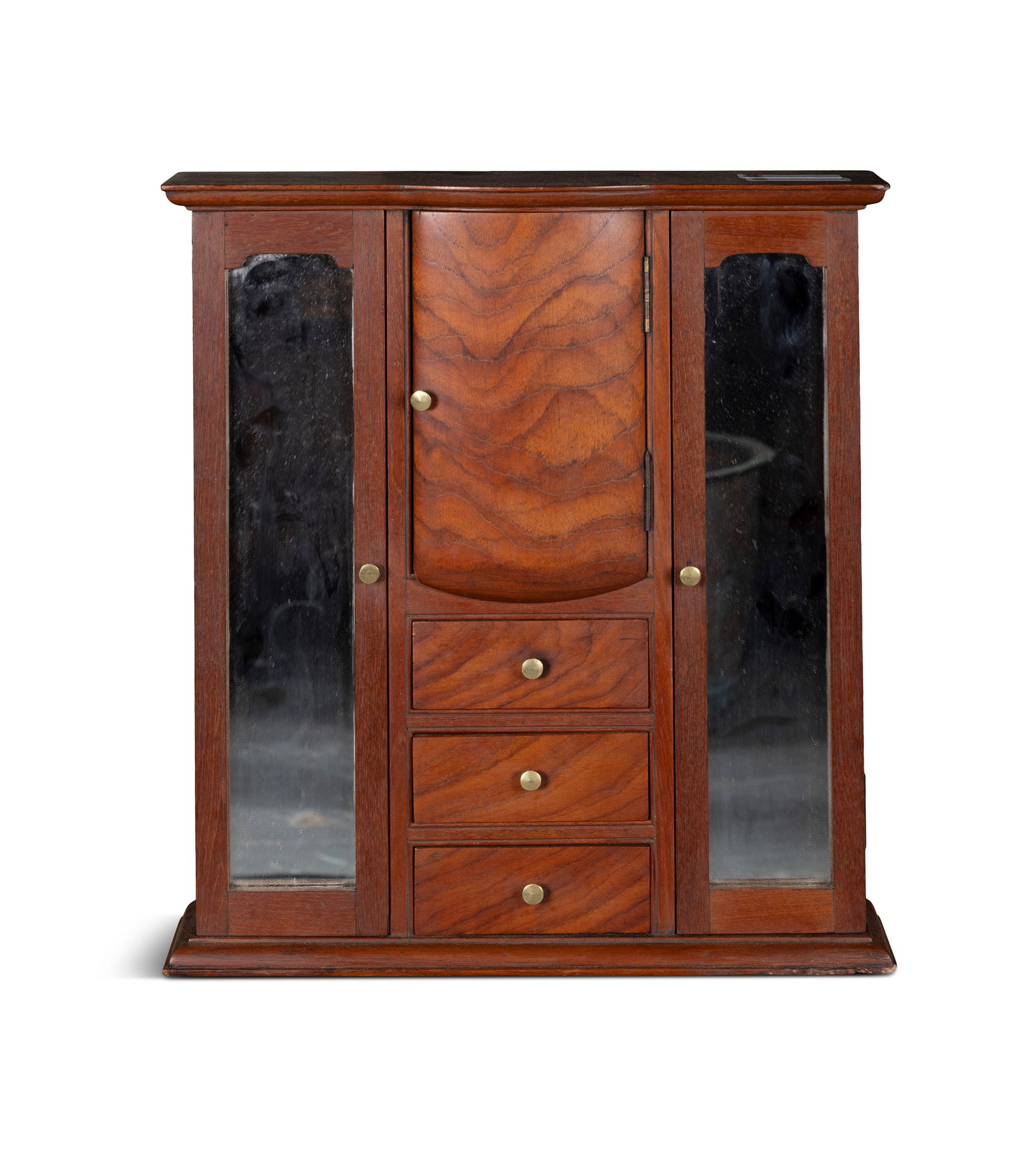 A MINIATURE STAINED PINE BOWFRONT WARDROBE, central door over three short drawers flanked by (1 of 2)