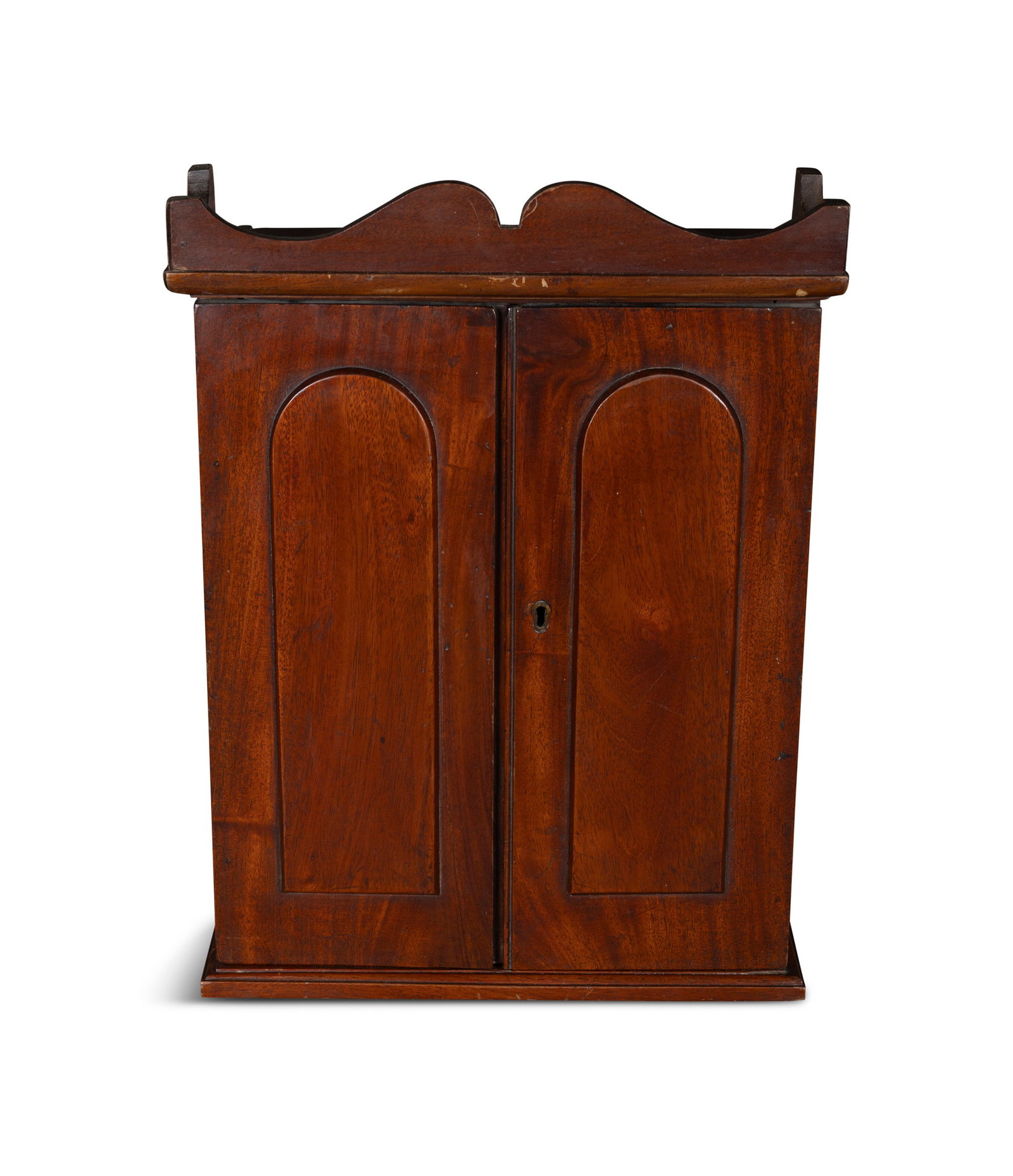A MINIATURE MAHOGANY TWO DOOR WARDROBE, 44.5cm high, 34cm wide, 12.5cm deep (1 of 3)