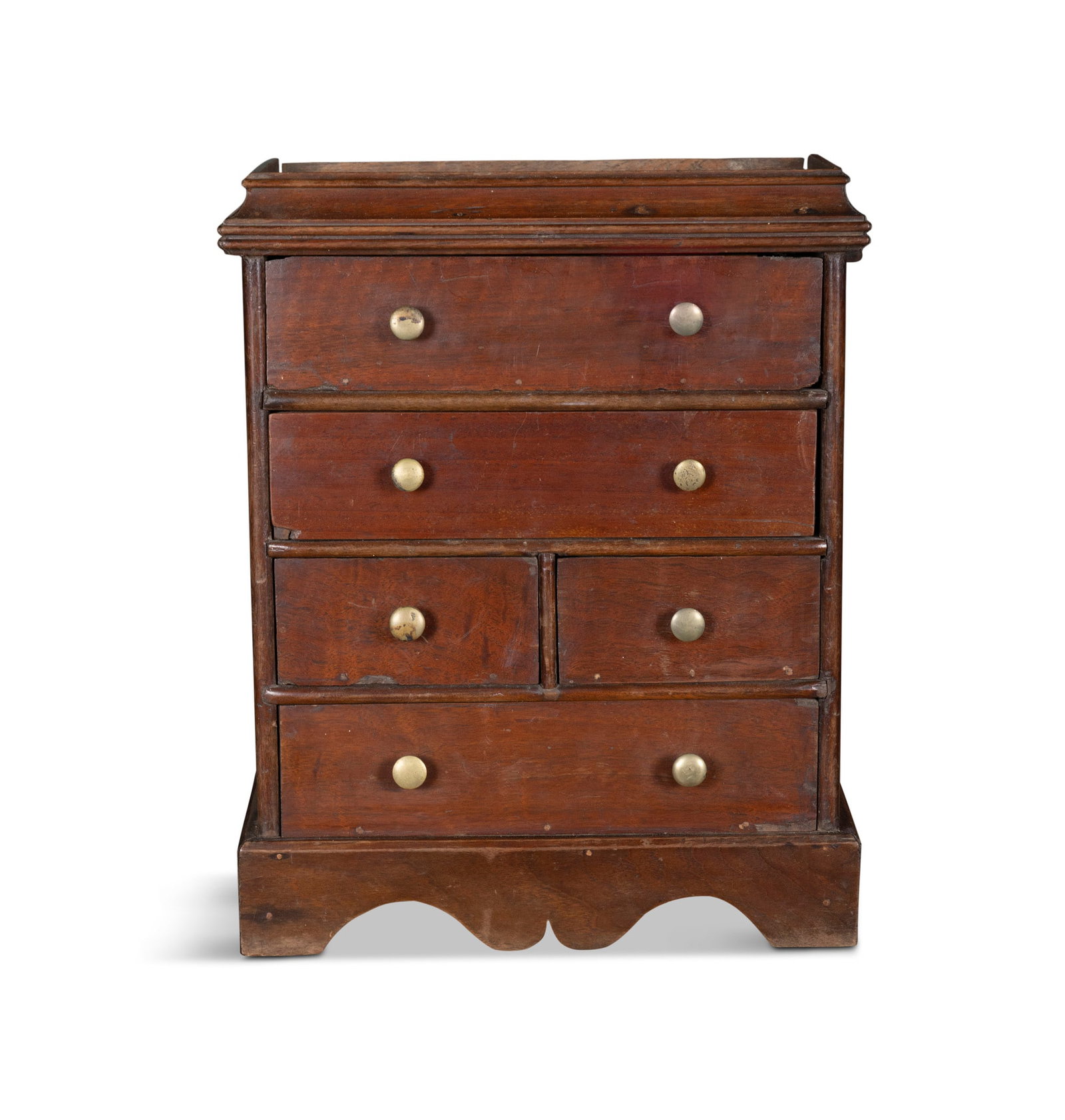 A MINIATURE MAHOGANY CUPBOARD, of two long, one short and one long drawer, 45cm high, 31.5cm (1 of 2)