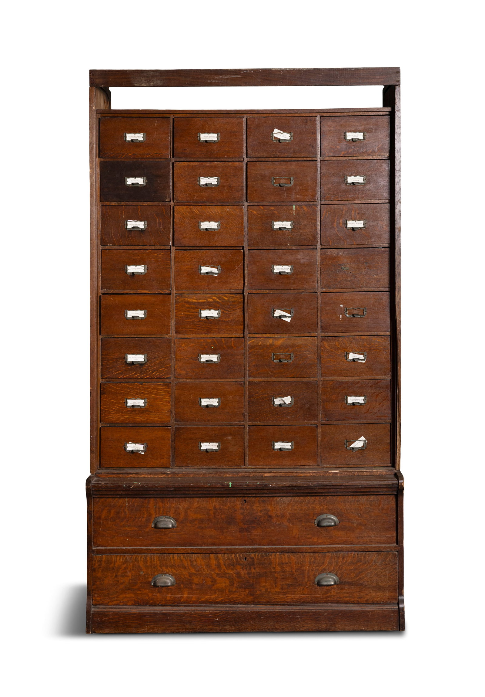AN EARLY 20TH CENTURY MAHOGANY ESTATE CABINET, upright form, supper section with 32 drawers over (1 of 3)