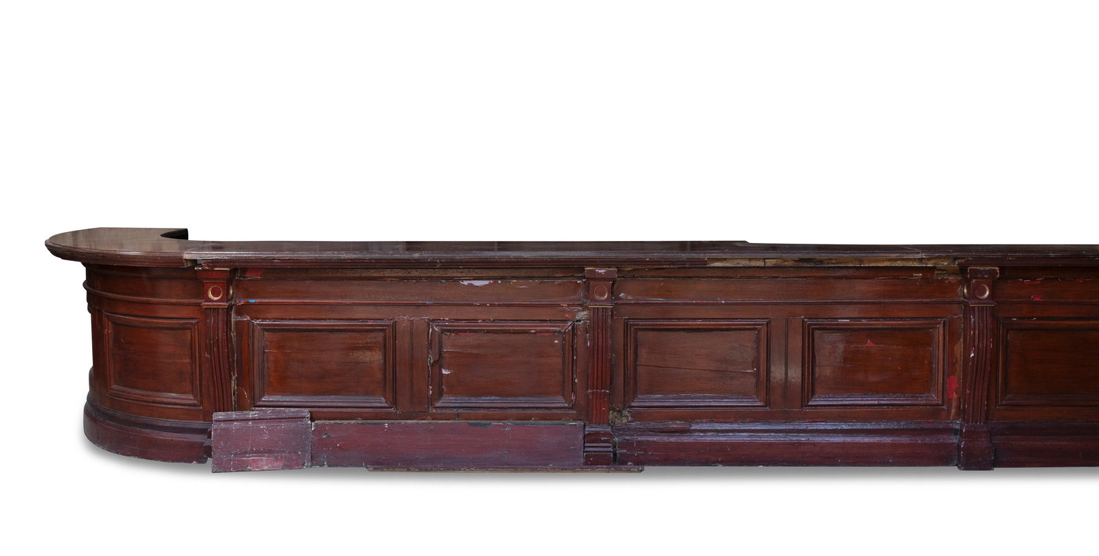 A STAINED MAHOGANY PUB/ BAR COUNTER FROM THE OLYMPIA THEATRE, DUBLIN rounded to one end, solid: A STAINED MAHOGANY PUB/ BAR COUNTER FROM THE OLYMPIA THEATRE, DUBLIN rounded to one end, solid panels top over fielded panels and applied fluted pilasters with gilt detailing with accompanying back ba