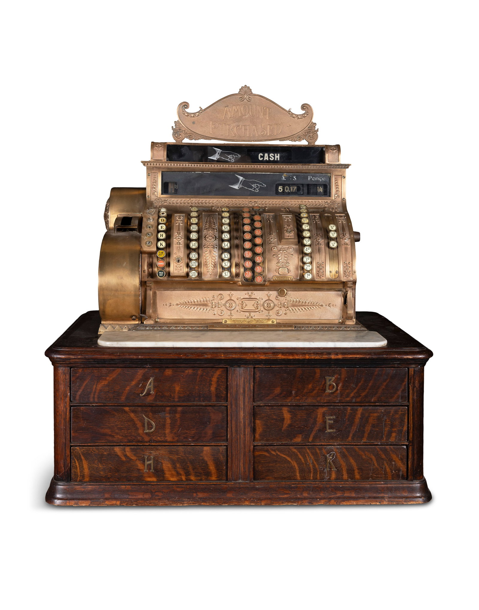 A BRASS CASH REGISTER by The National Cash Register Co., Dayton Ohio, U.S.A, mounted on a (1 of 4)