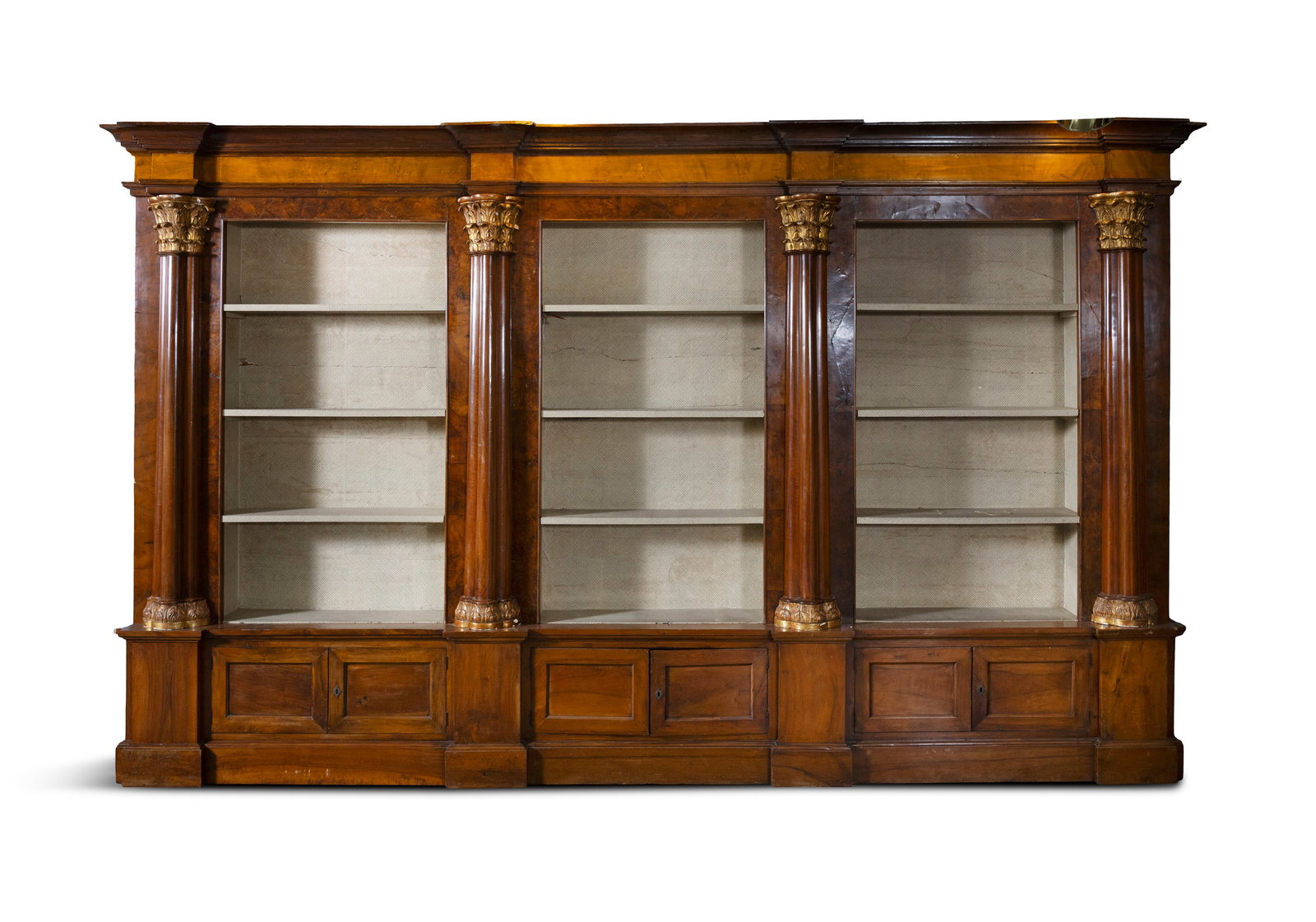 AN ITALIAN 18TH CENTURY SATINWOOD AND BURL WALNUT PHARMACY DISPLAY CABINET, moulded cornice over a: AN ITALIAN 18TH CENTURY SATINWOOD AND BURL WALNUT PHARMACY DISPLAY CABINET, moulded cornice over a satinwood frieze, with three open shelved sections flanked by pilasters with acanthus leaf capitals, 