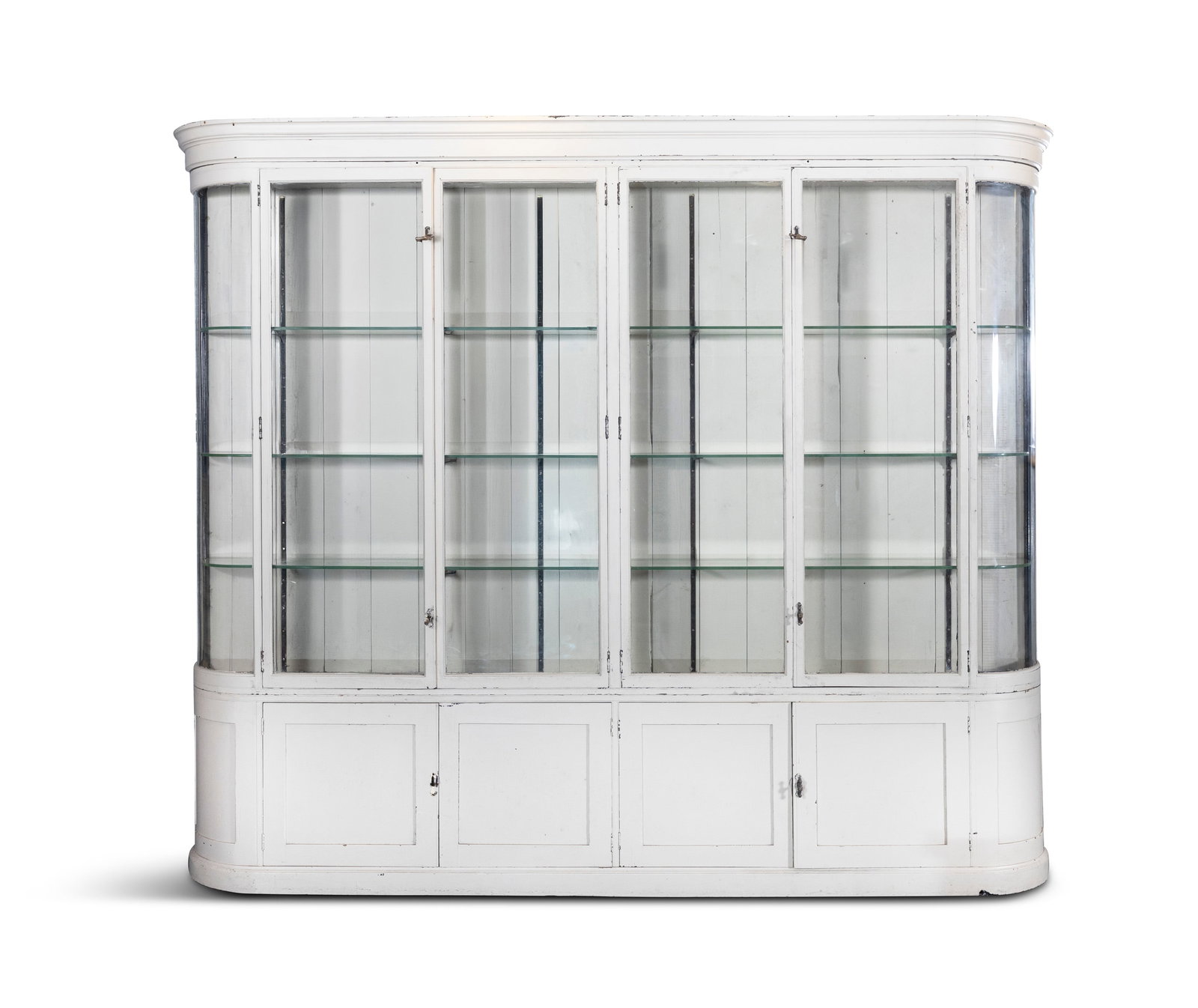 A 19TH CENTURY MAHOGANY WHITE PAINTED BOWFRONT DISPLAY CABINET With two pairs of central glazed (1 of 3)