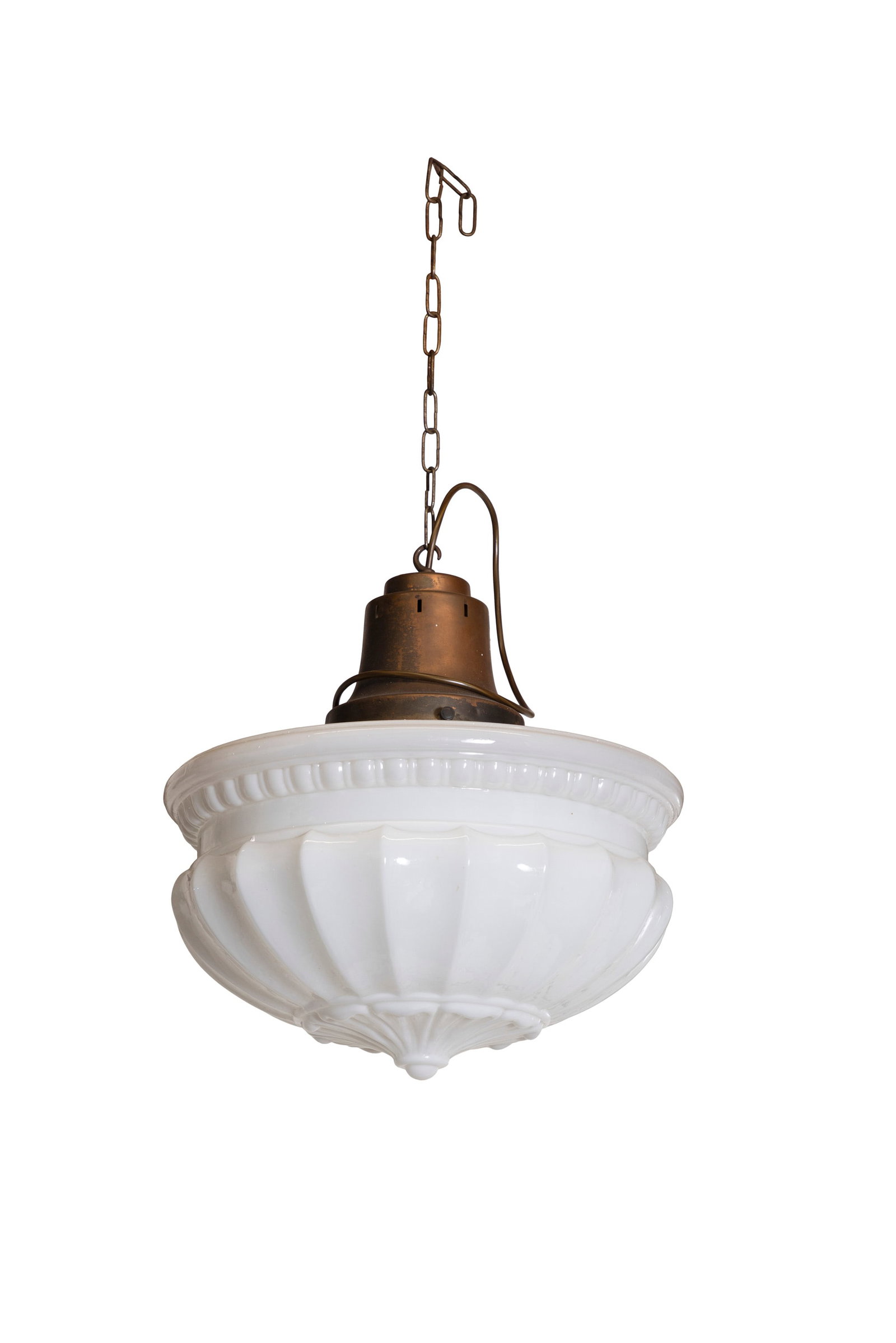 A GLASS CEILING LIGHT, egg-and-dart moulding, fluted glass, acanthus leaf decoration (1 of 2)