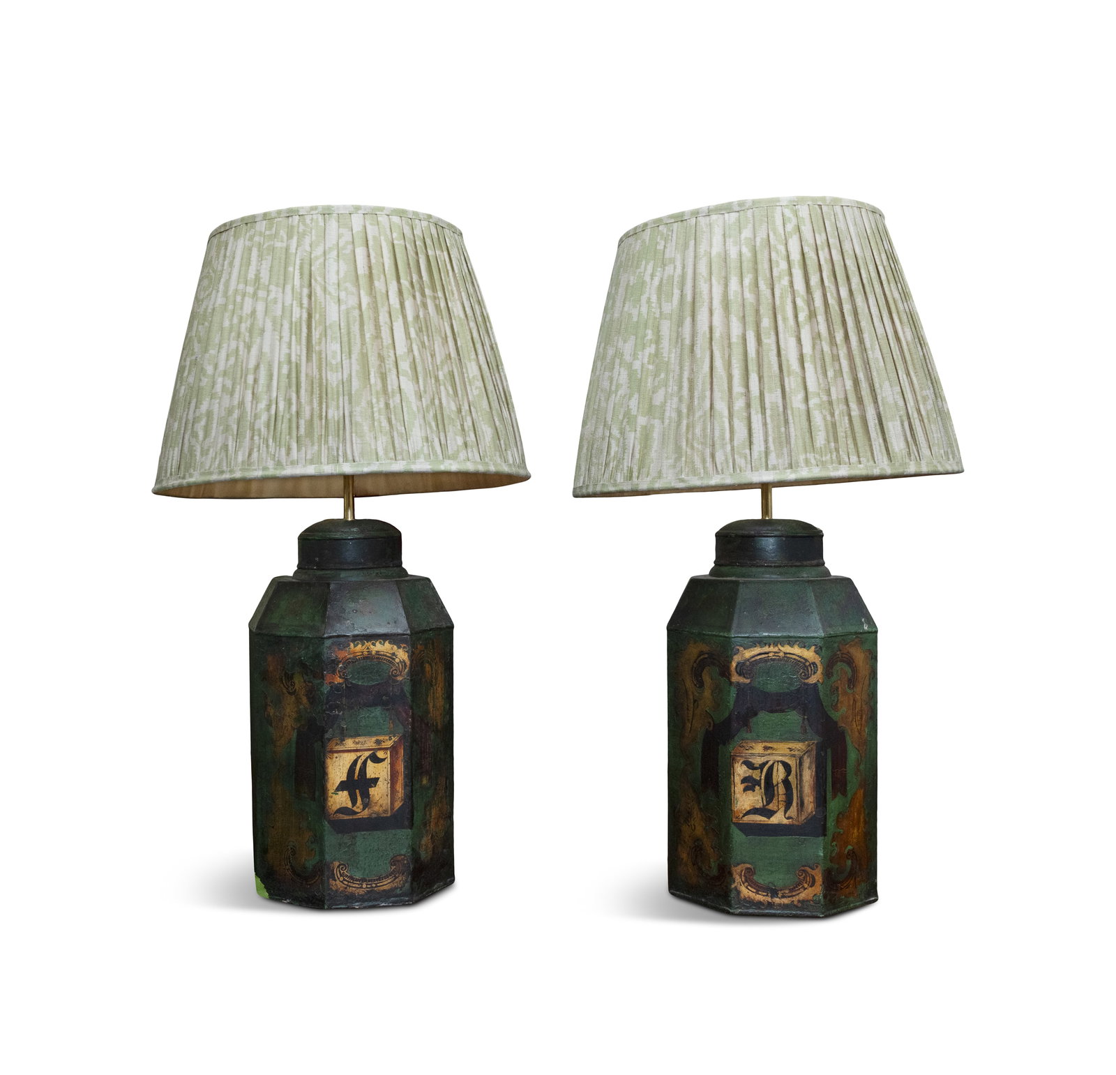 A PAIR OF TOLEWARE TEA CANNISTERS CONVERTED TO TABLE LAMPS c. 52cm high to light fitting: A PAIR OF TOLEWARE TEA CANNISTERS CONVERTED TO TABLE LAMPS c. 52cm high to light fitting