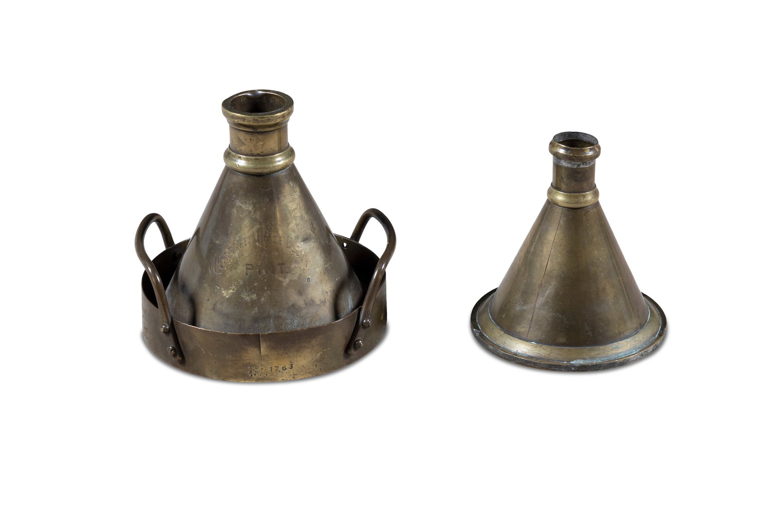 TWO IRISH BRASS CONICAL MEASURES, 19th century, inscribed 'Corporation of Dublin'. 22cm high: TWO IRISH BRASS CONICAL MEASURES, 19th century, inscribed 'Corporation of Dublin'. 22cm high