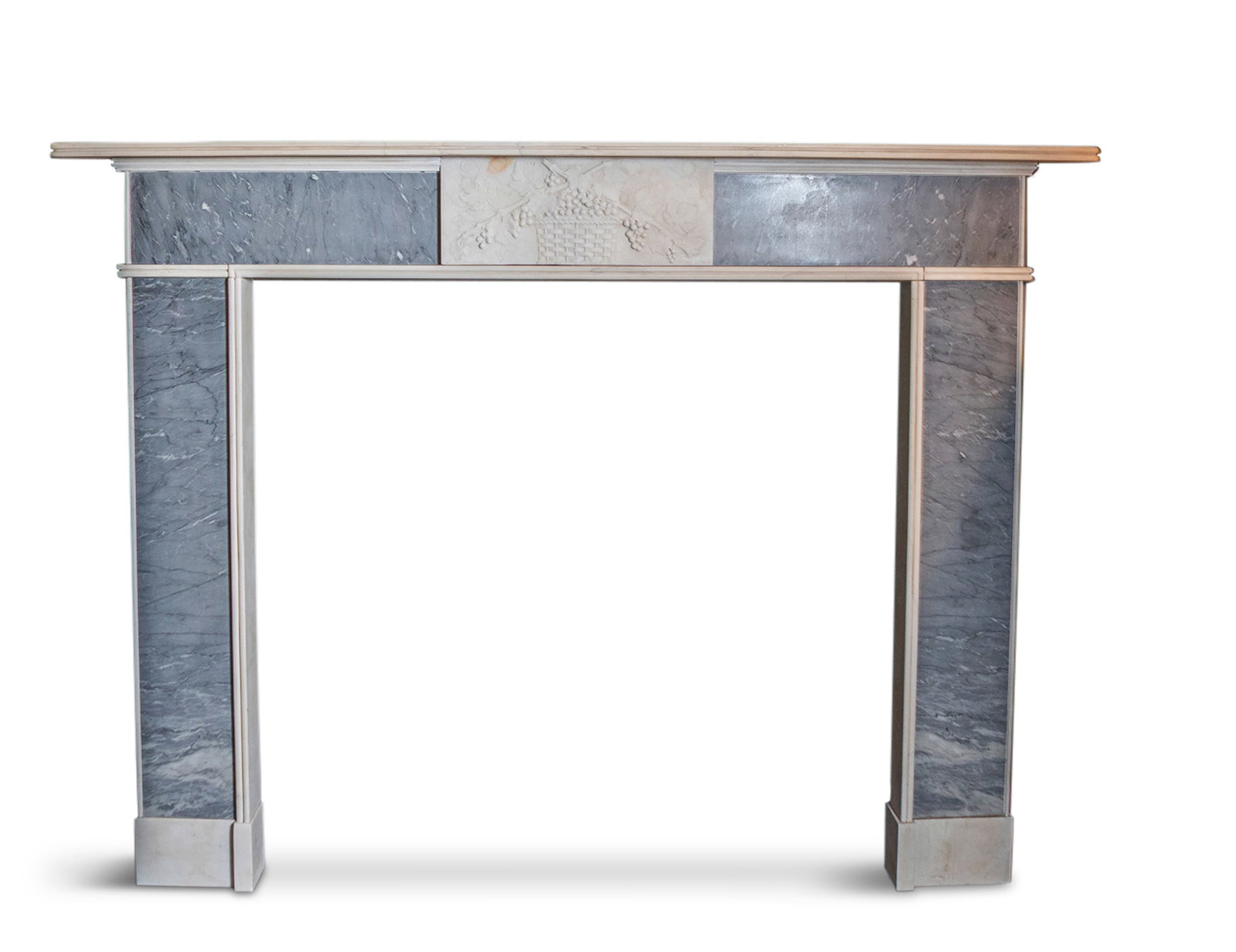 A GREY AND WHITE MARBLE FIREPLACE the plain mantel above a frieze centred with a carved basket of (1 of 1)
