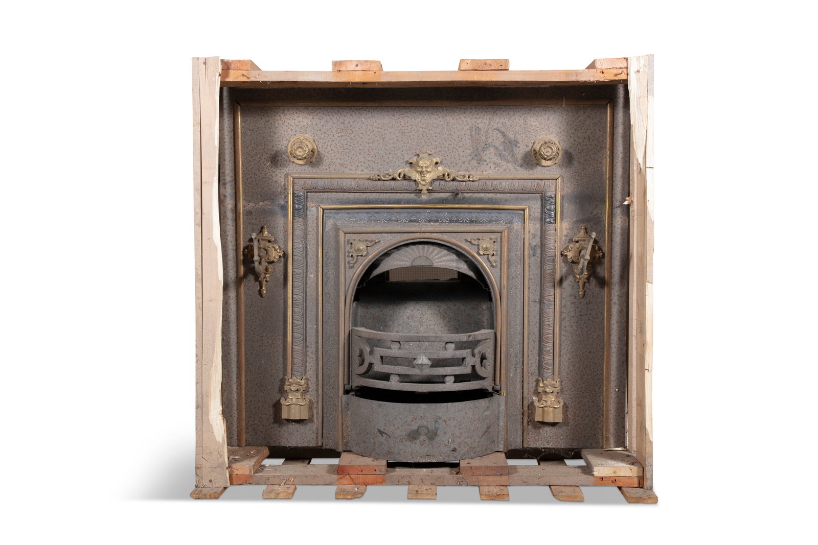 A CONTINENTAL CAST IRON FIRE GRATE AND INSERT, 19TH CENTURY, decorated with brass mounts and leaf: A CONTINENTAL CAST IRON FIRE GRATE AND INSERT, 19TH CENTURY, decorated with brass mounts and leaf budding, 102cm high, 115cm wide