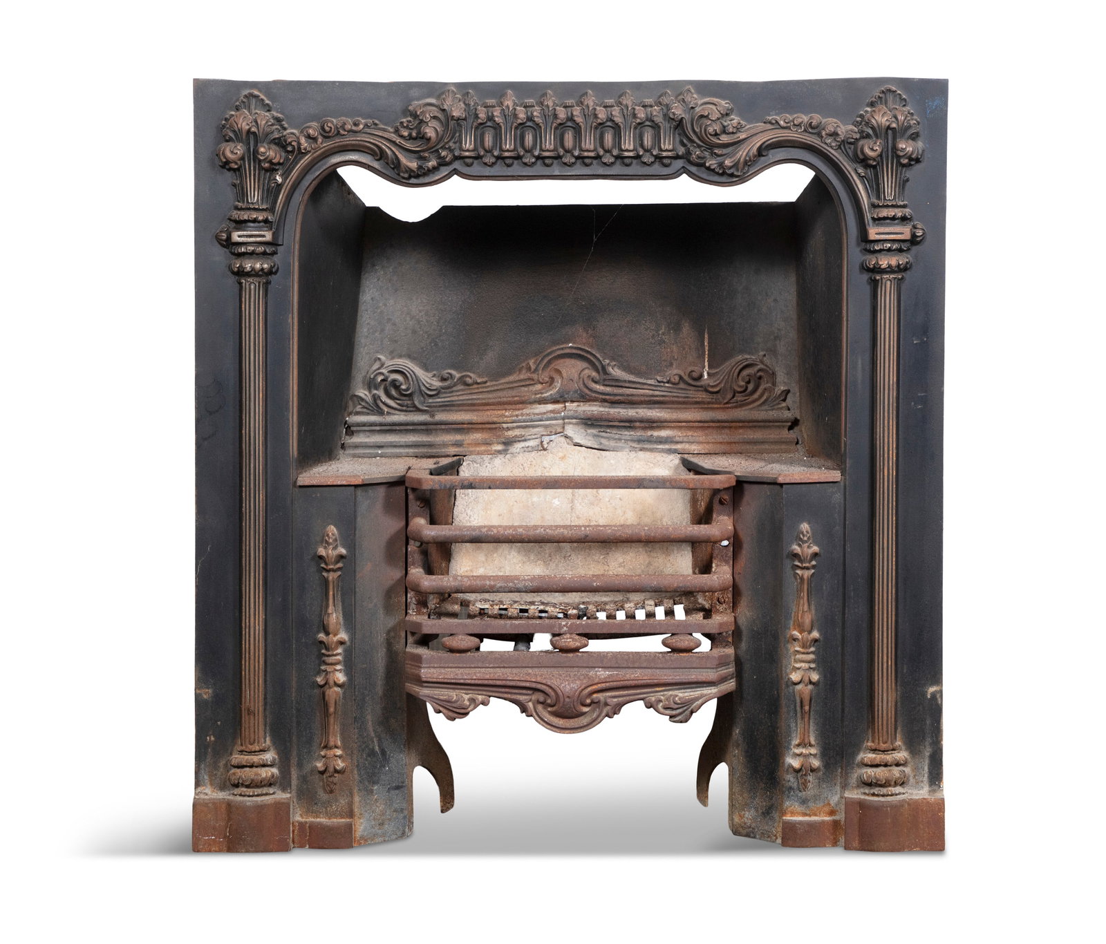 A CAST IRON FIRE GRATE AND INSERT, 19TH CENTURY, decorated with fluted pilasters and leaf scrolls,: A CAST IRON FIRE GRATE AND INSERT, 19TH CENTURY, decorated with fluted pilasters and leaf scrolls, 94 x 92cm