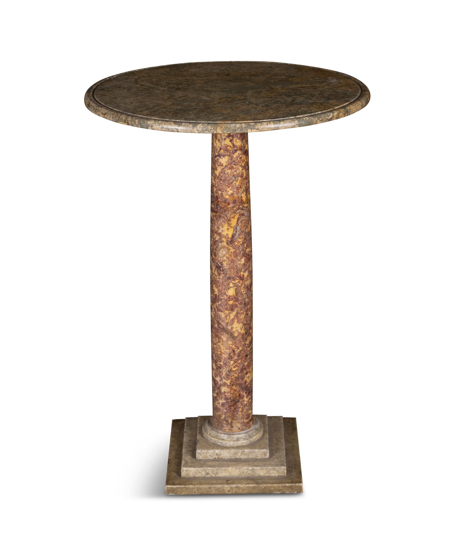 AN ITALIAN JASPERWARE CIRCULAR OCCASSIONAL TABLE raised on column and stepped pedestal base. 74cm: AN ITALIAN JASPERWARE CIRCULAR OCCASSIONAL TABLE raised on column and stepped pedestal base. 74cm high, 49cm diameter.