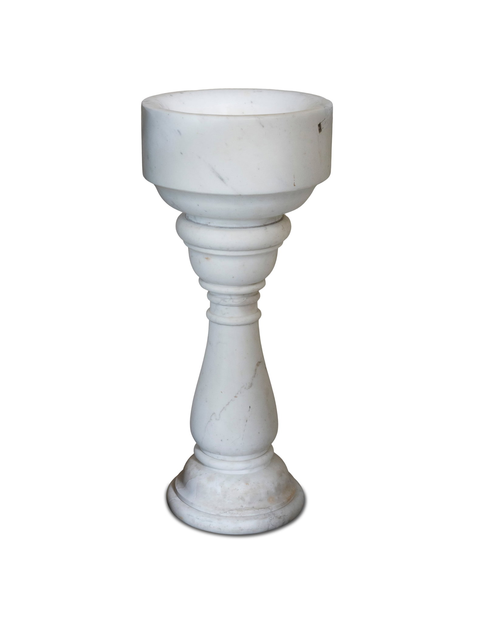 A MARBLE WATER FONT the circular basin over a turned and baluster shaped centre column on stepped (1 of 3)