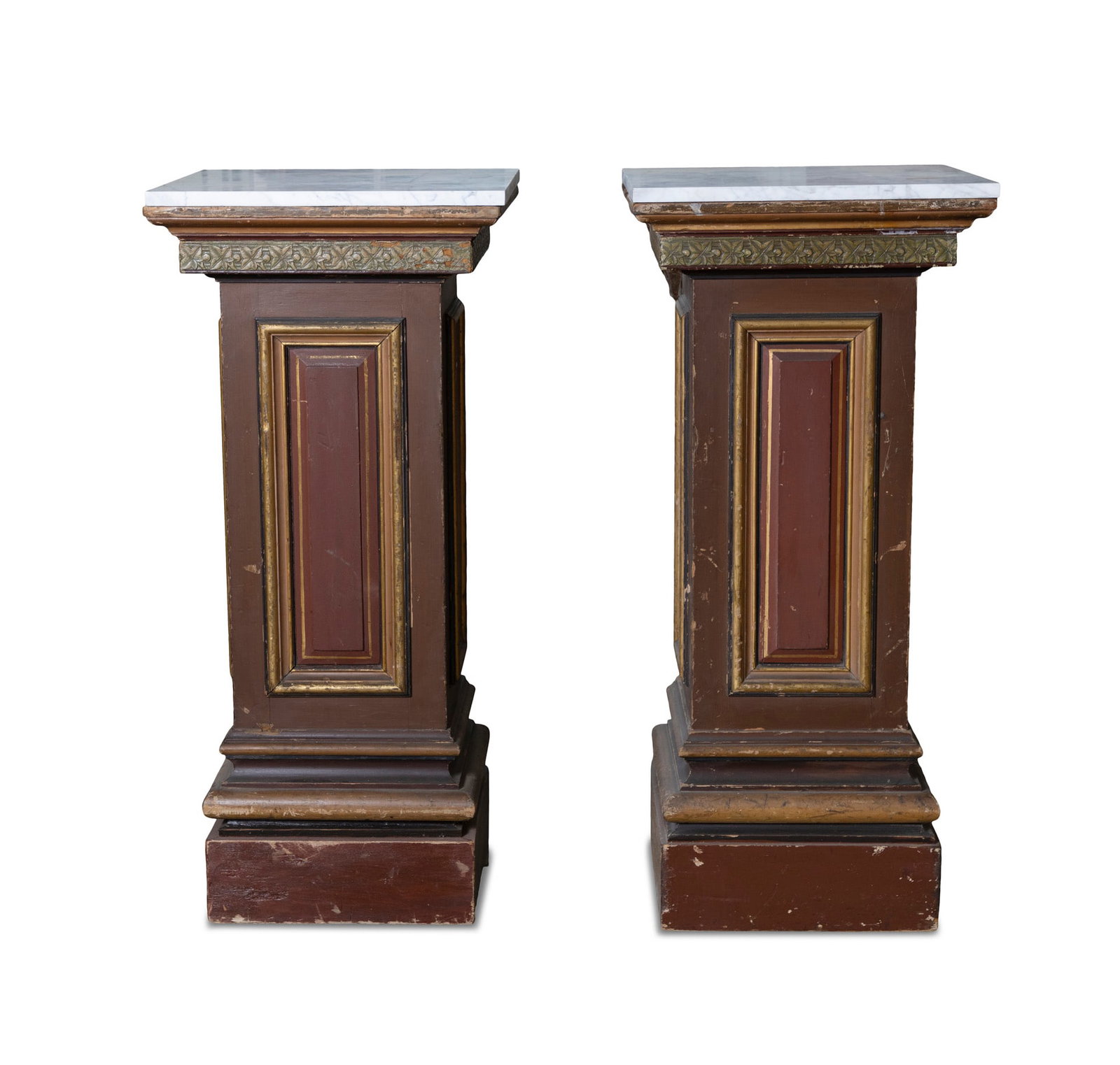 A PAIR OF MARBLE TOP BROWN PAINTED TIMBER PLINTHS, of upright rectangular form, the square white (1 of 2)