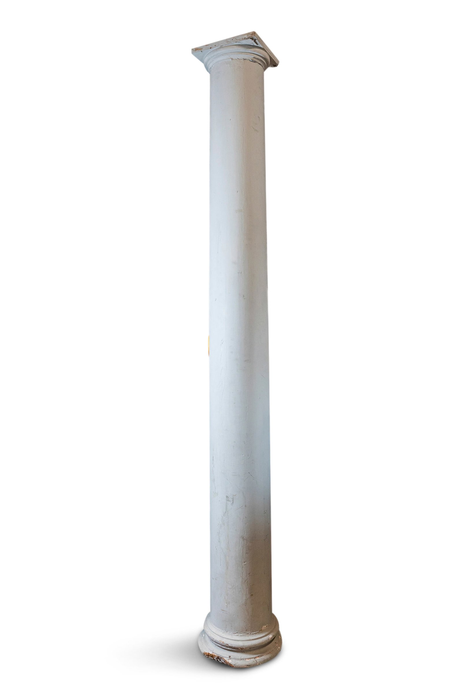 A PAIR OF MONUMENTAL WHITE PAINTED TIMBER COLUMNS square capitals, on stepped circular bases. 272cm: A PAIR OF MONUMENTAL WHITE PAINTED TIMBER COLUMNS square capitals, on stepped circular bases. 272cm high