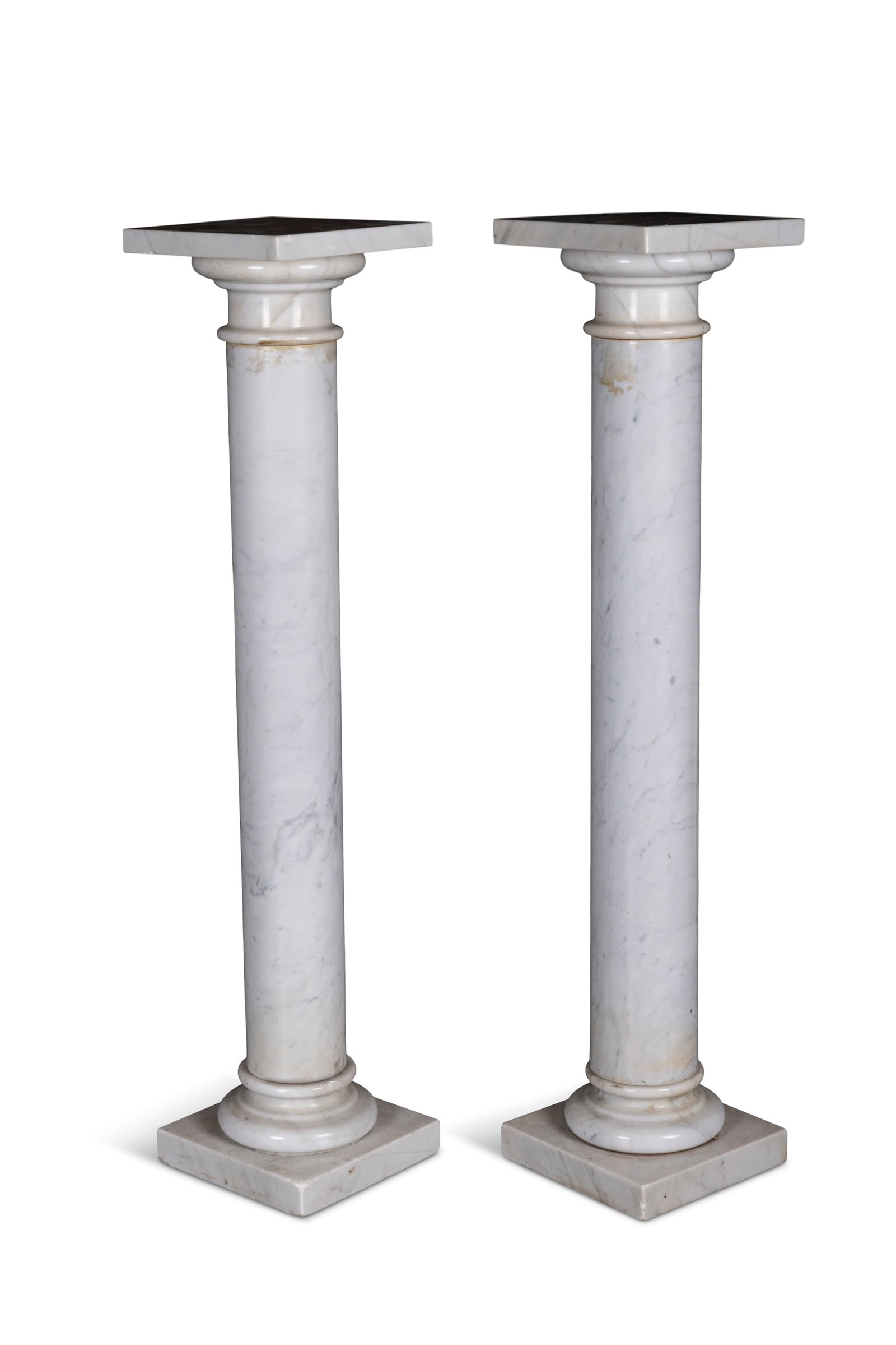 A PAIR OF MARBLE PEDESTAL COLUMNS, square tops, column on stepped circular bases raised on (1 of 1)