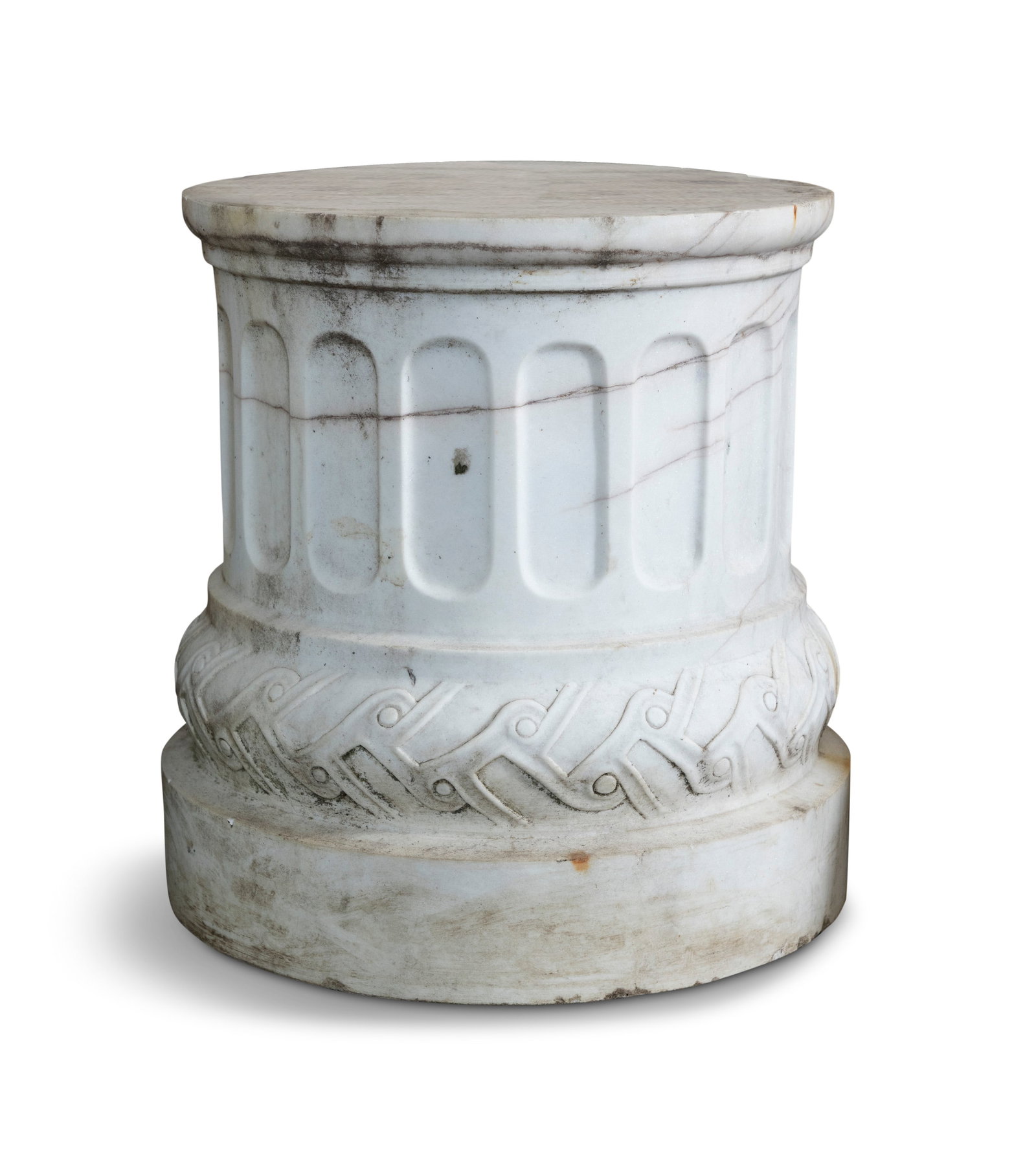 A WHITE MARBLE PEDESTAL, Cylindrical form, fluted body over scroll work decoration, circular foot.: A WHITE MARBLE PEDESTAL, Cylindrical form, fluted body over scroll work decoration, circular foot. 45cm high