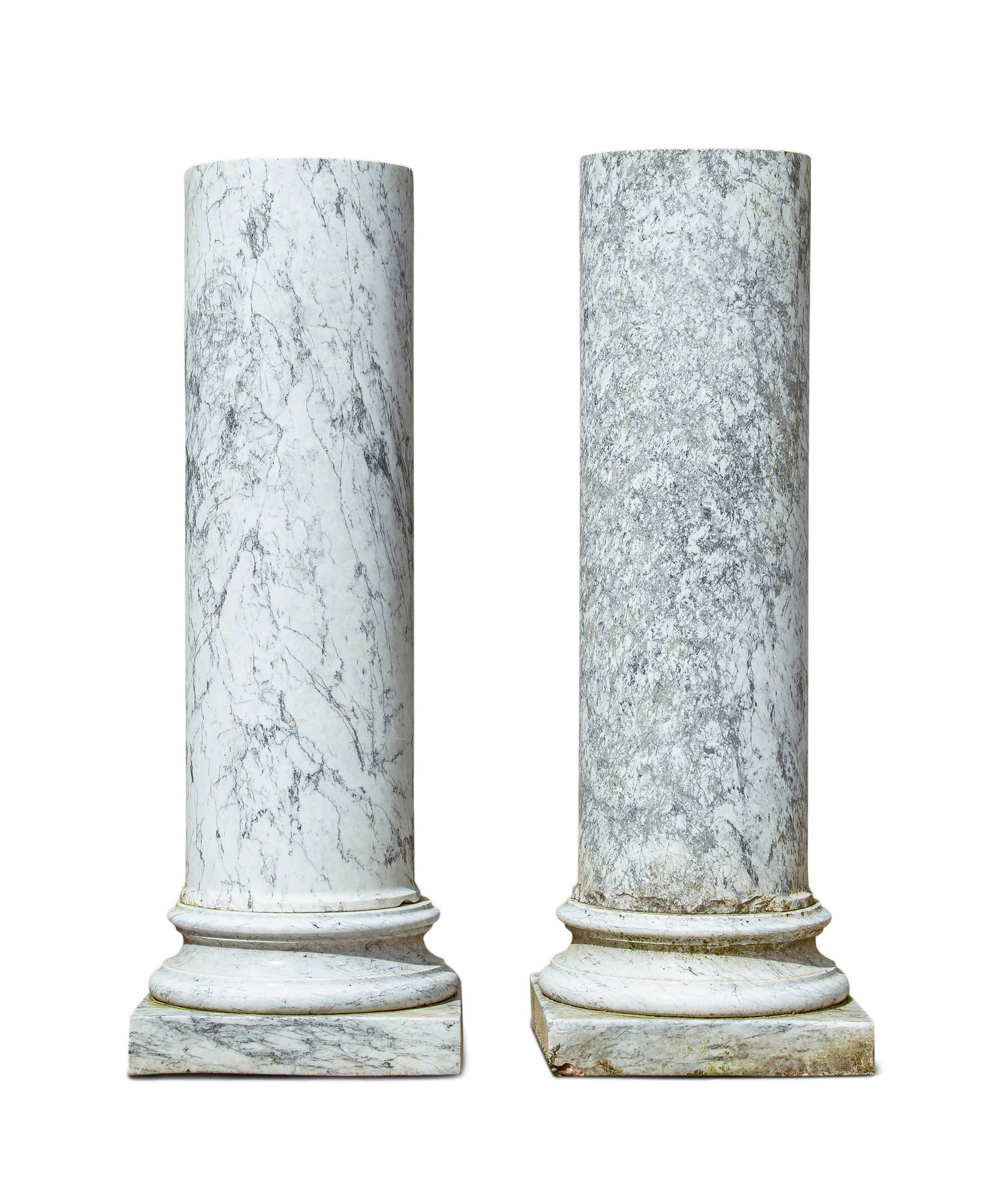 A PAIR OF WHITE MARBLE COLUMNS 110cm high. 41cm diameter (1 of 2)