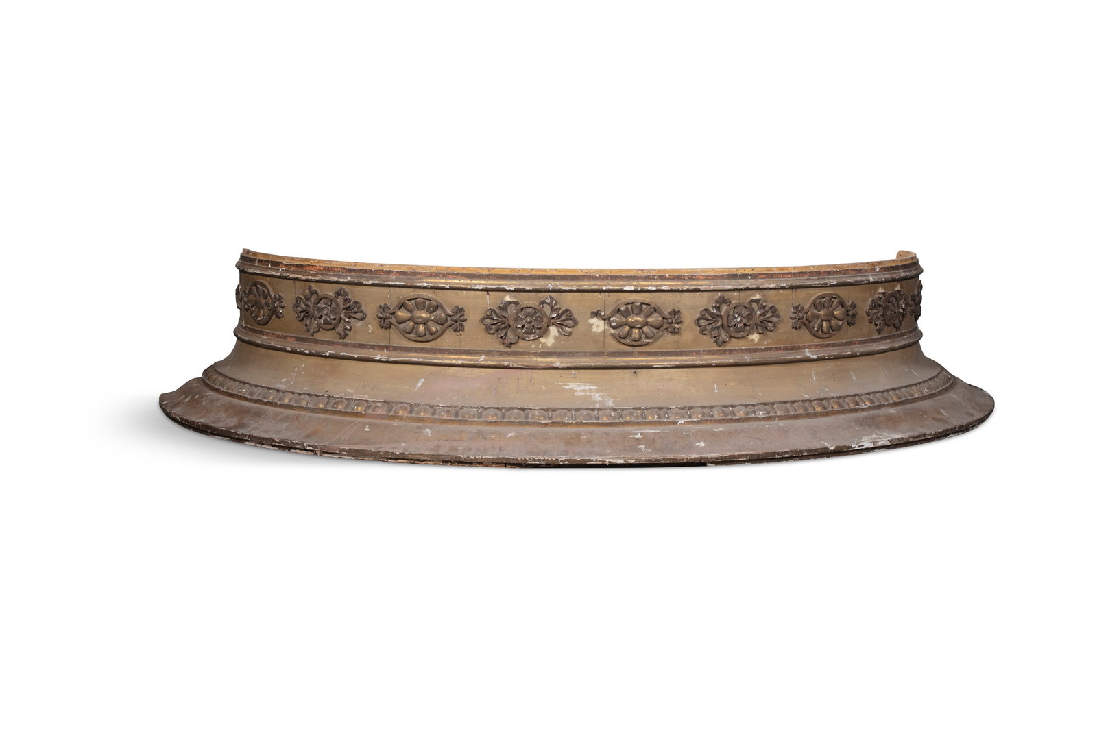 A GILTWOOD DEMI-LUNE PELMET, LATE 19TH CENTURY, the moulded and carved egg-and-dart frieze above (1 of 3)