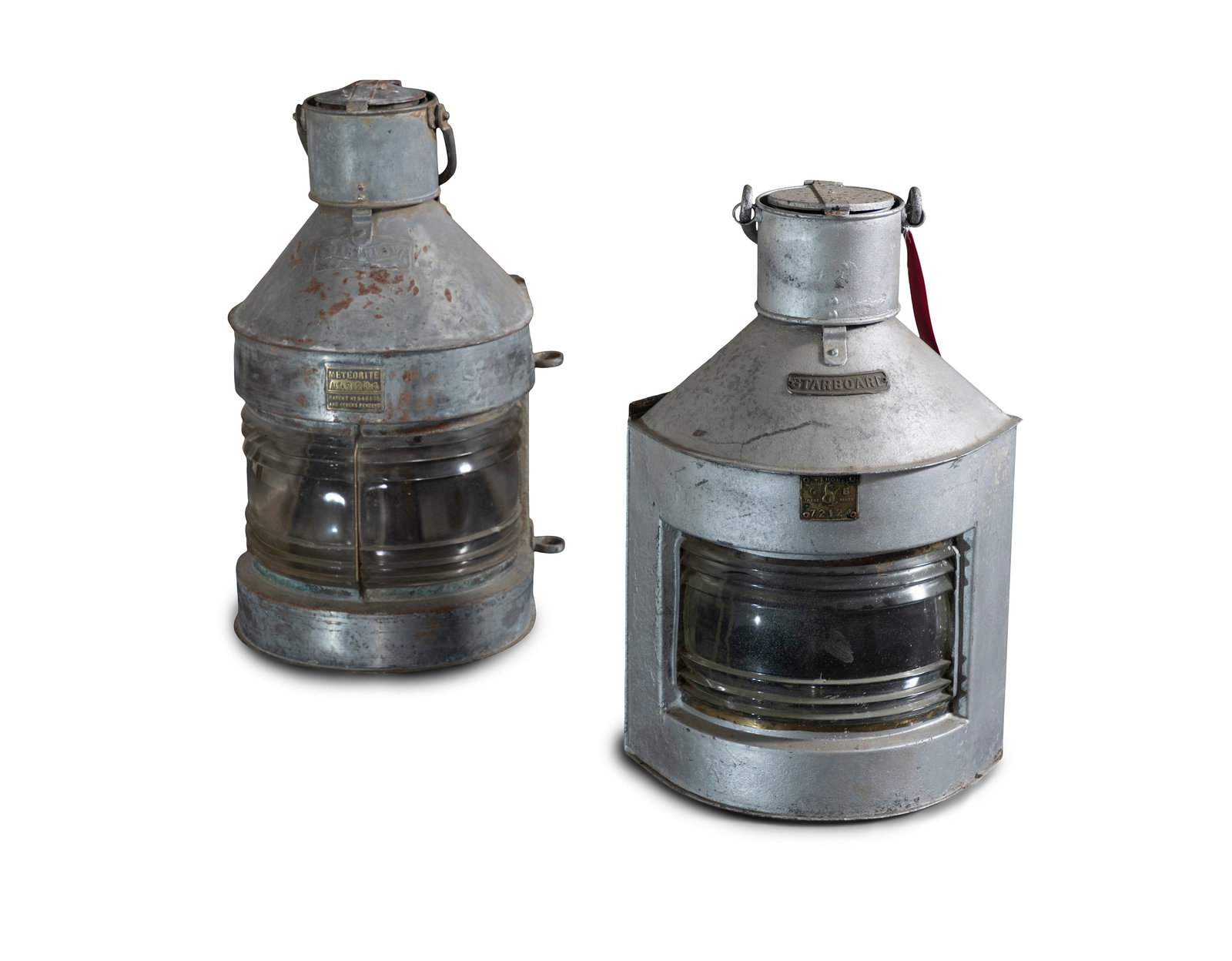 TWO ZINC SHIPS LANTERNS, Upright bowfront form, with carrying handles, glazed panels, each with (1 of 4)