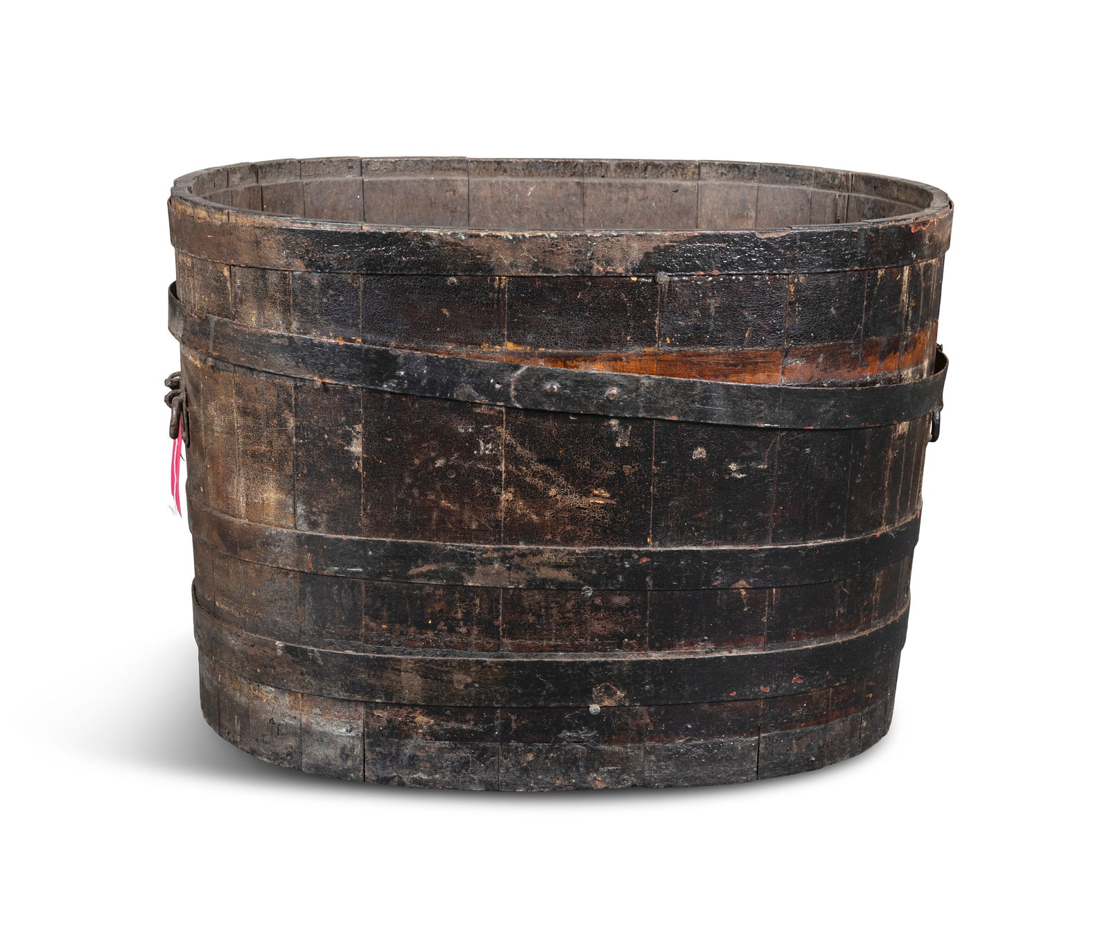 A STAINED TIMBER AND BRASS BOUND WINE VAT Of oval form, with carrying side handles, strap work: A STAINED TIMBER AND BRASS BOUND WINE VAT Of oval form, with carrying side handles, strap work mounts, 51.5cm high, 75cm wide, 52cm deep