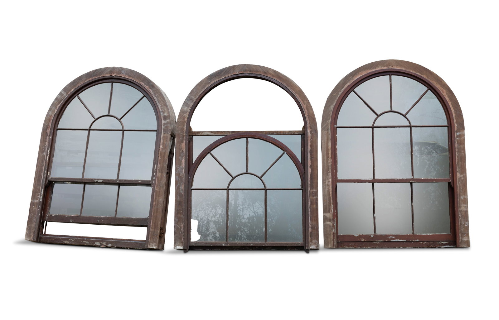 A SET OF SIX ARCHED SLIDING SASH WINDOWS Of heavy timber construction with timber munnions and (1 of 2)