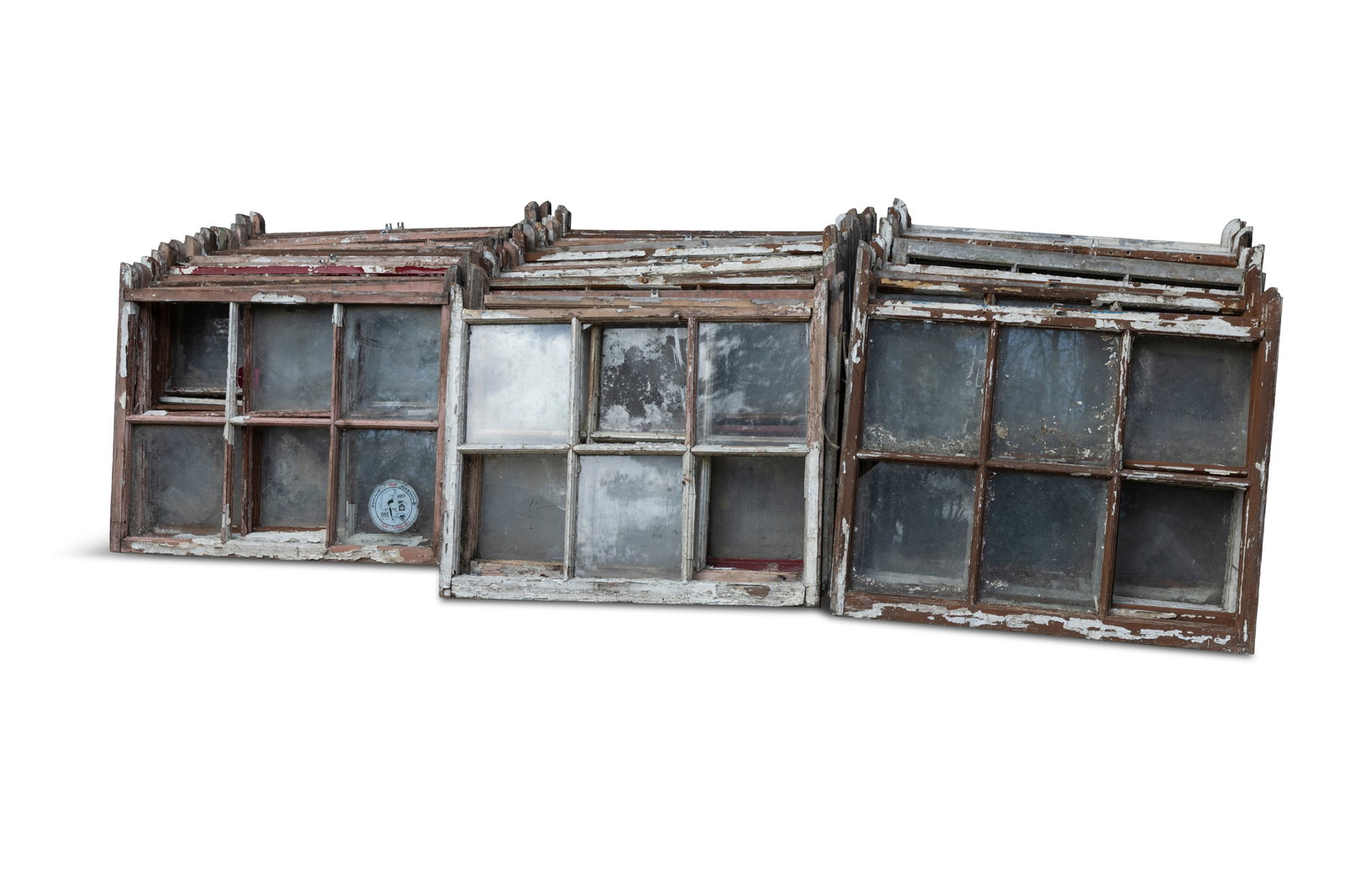 A SET OF FIFTY-FIVE SALVAGED SIX-PANE SASH WINDOWS, Of timber construction, 76cm high, 100cm wide: A SET OF FIFTY-FIVE SALVAGED SIX-PANE SASH WINDOWS, Of timber construction, 76cm high, 100cm wide