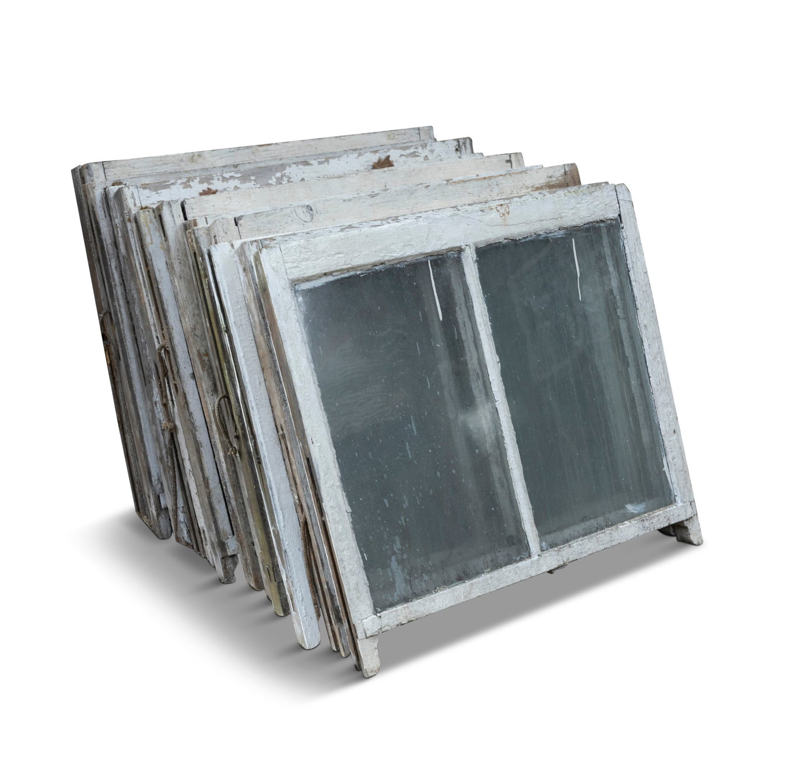 A SET OF FOURTEEN, TWO-PANE SALVAGED SASH WINDOWS, Of timber construction, 76.5cm high x 92cm wide: A SET OF FOURTEEN, TWO-PANE SALVAGED SASH WINDOWS, Of timber construction, 76.5cm high x 92cm wide