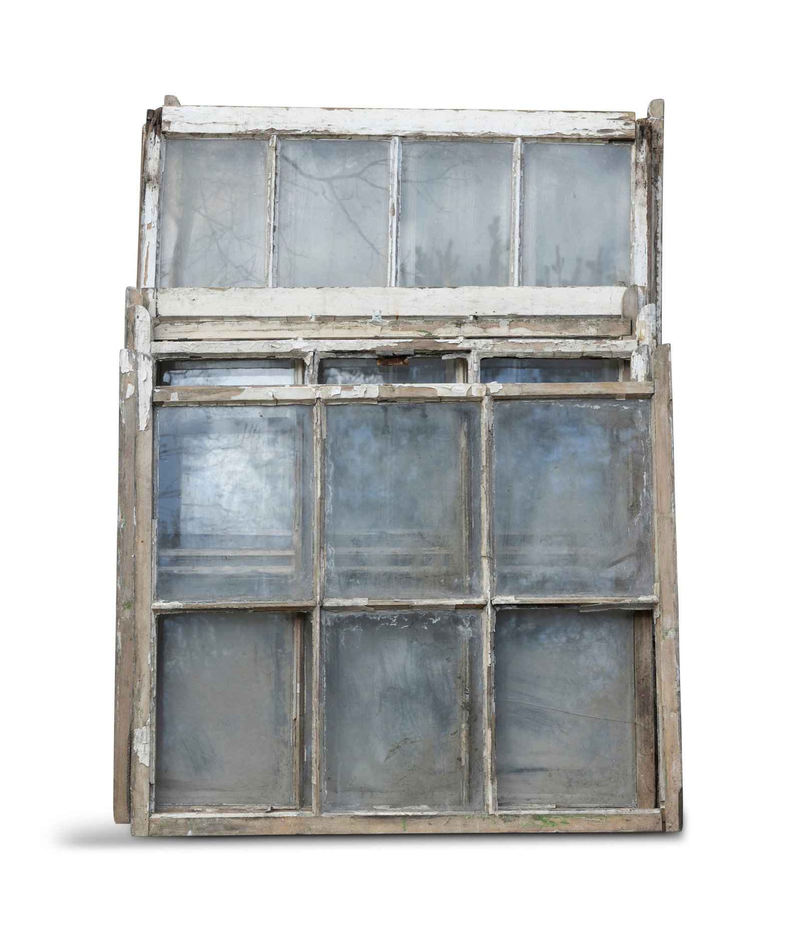 A SELECTION OF NINE SALVAGED WHITE PAINTED SASH WINDOWS, Of timber construction, comprising, (i): A SELECTION OF NINE SALVAGED WHITE PAINTED SASH WINDOWS, Of timber construction, comprising, (i) three large twelve-pane examples, 138.5cm x 112cm (ii) six, six pane examples of varying sizes, the sma