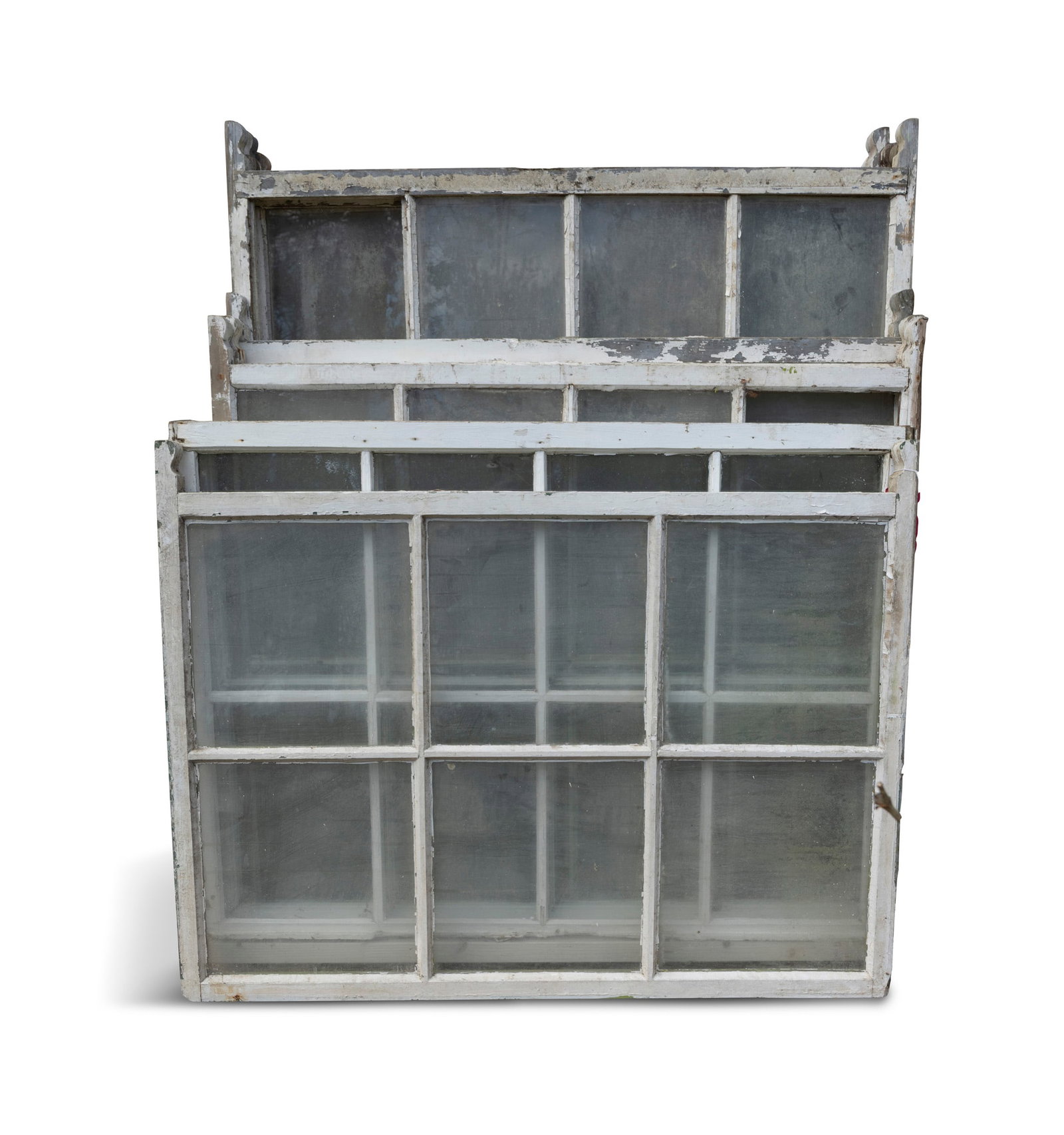 A SELECTION OF THIRTEEN SALVAGED WHITE-PAINTED SASH WINDOWS, Of timber construction, comprising: A SELECTION OF THIRTEEN SALVAGED WHITE-PAINTED SASH WINDOWS, Of timber construction, comprising (i) seven large, twelve pane - 142 x 129.5cm (ii) five eight pane of v.s/ iii, one six pane, 91.5 x 129.
