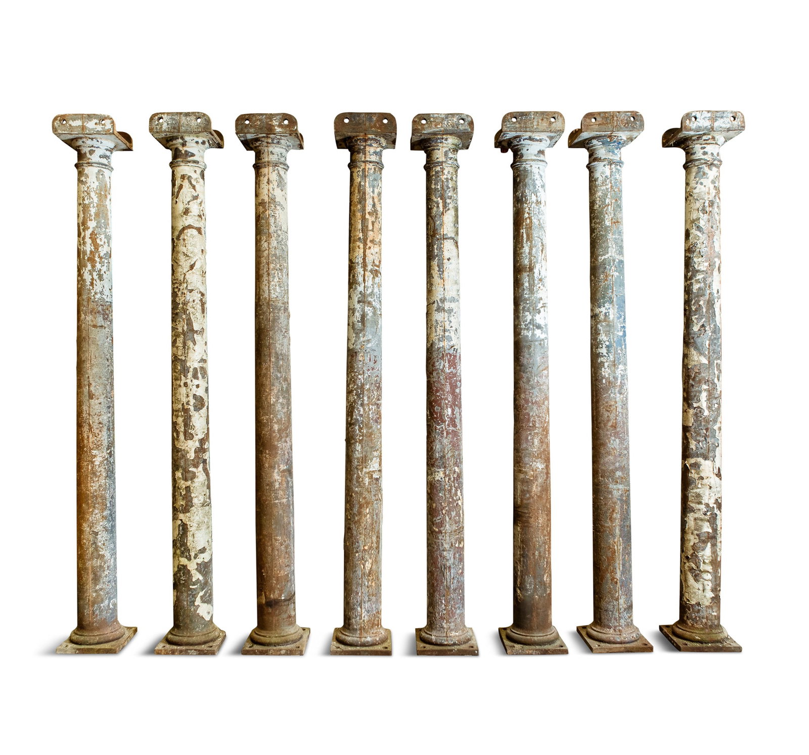 A COLLECTION OF EIGHT 19TH CENTURY CAST IRON COLUMNS BY COALBROOKDALE 268cm high, base 31 x 31cm (1 of 1)