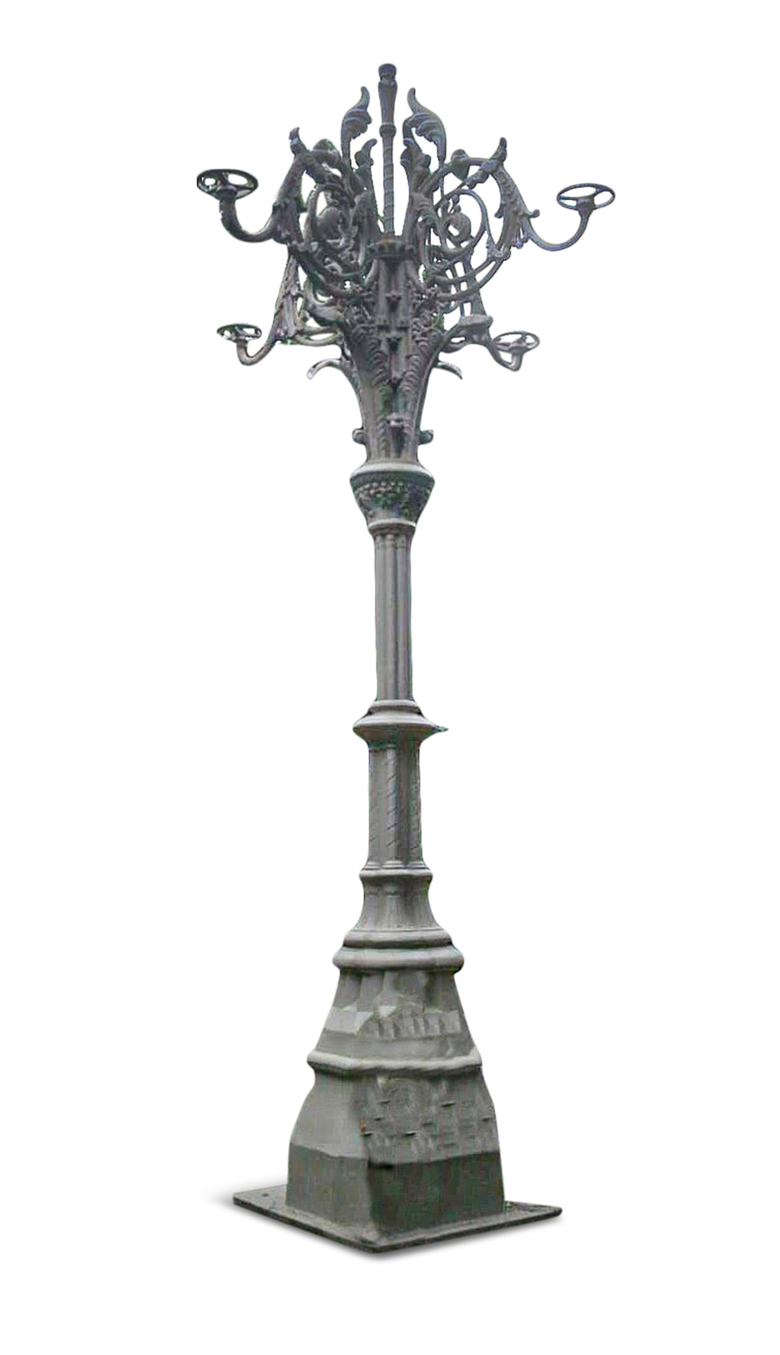 A PAIR CAST IRON STREET LAMPS IN SECTIONS, each base of octagonal form, stepped with name plates: A PAIR CAST IRON STREET LAMPS IN SECTIONS, each base of octagonal form, stepped with name plates 'SADANAND INC Works Hyd - India' Cluster columns and column supports, 110cm 230cm 114cm Disassembled