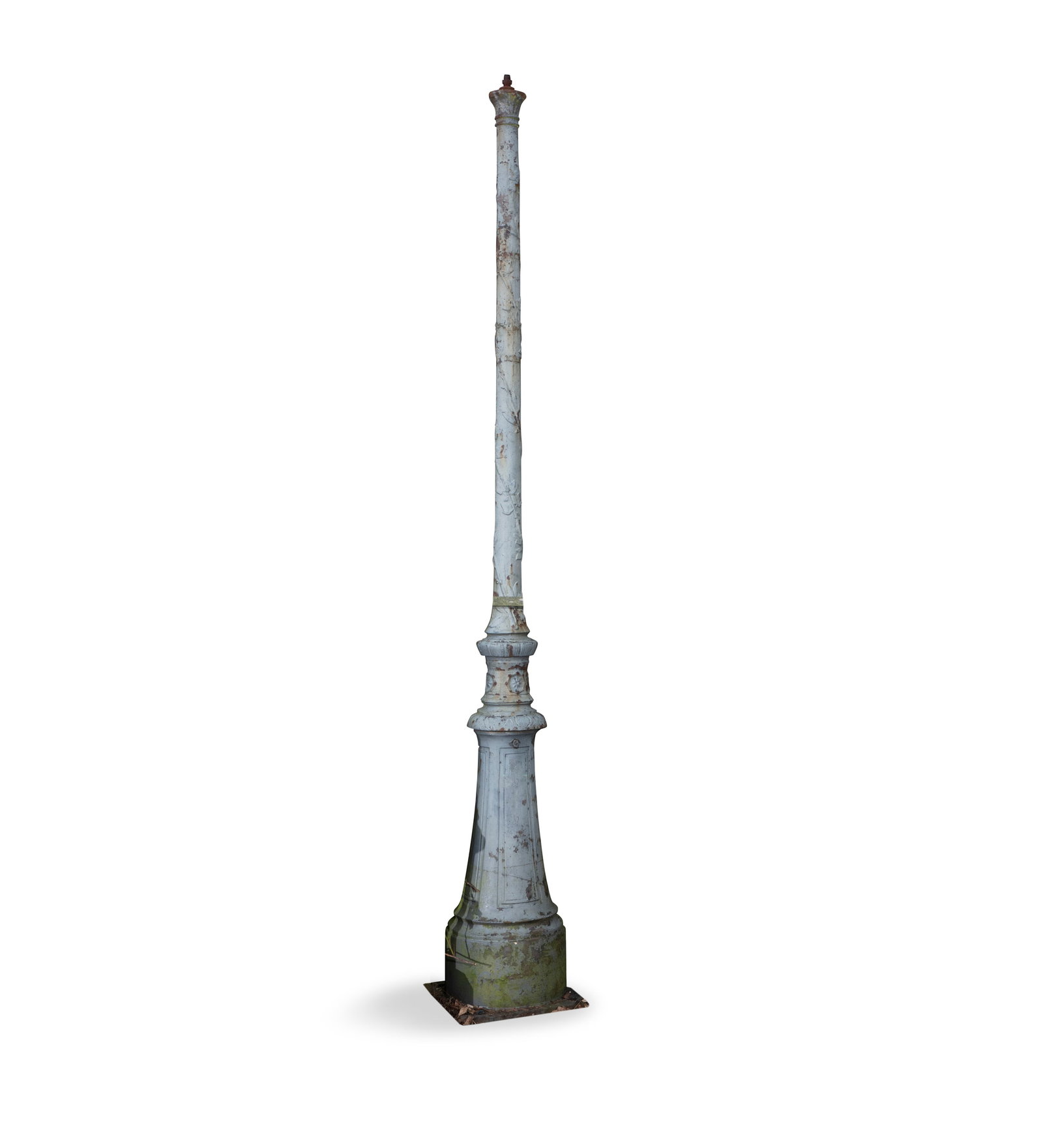 A CAST IRON STREET LAMP, the tapering column decorated with entwined foliage in low relief, raised (1 of 4)