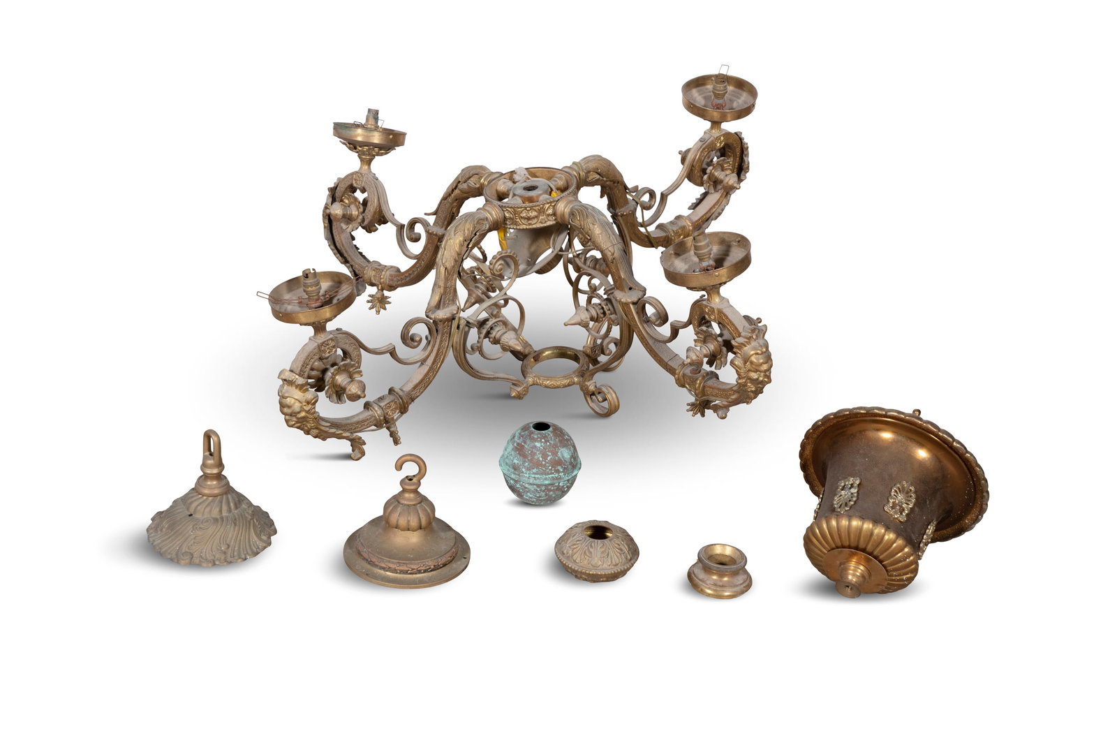 SECTIONS OF AN EMPIRE STYLE GILT METAL FOUR LIGHT CANDELABRA (1 of 5)