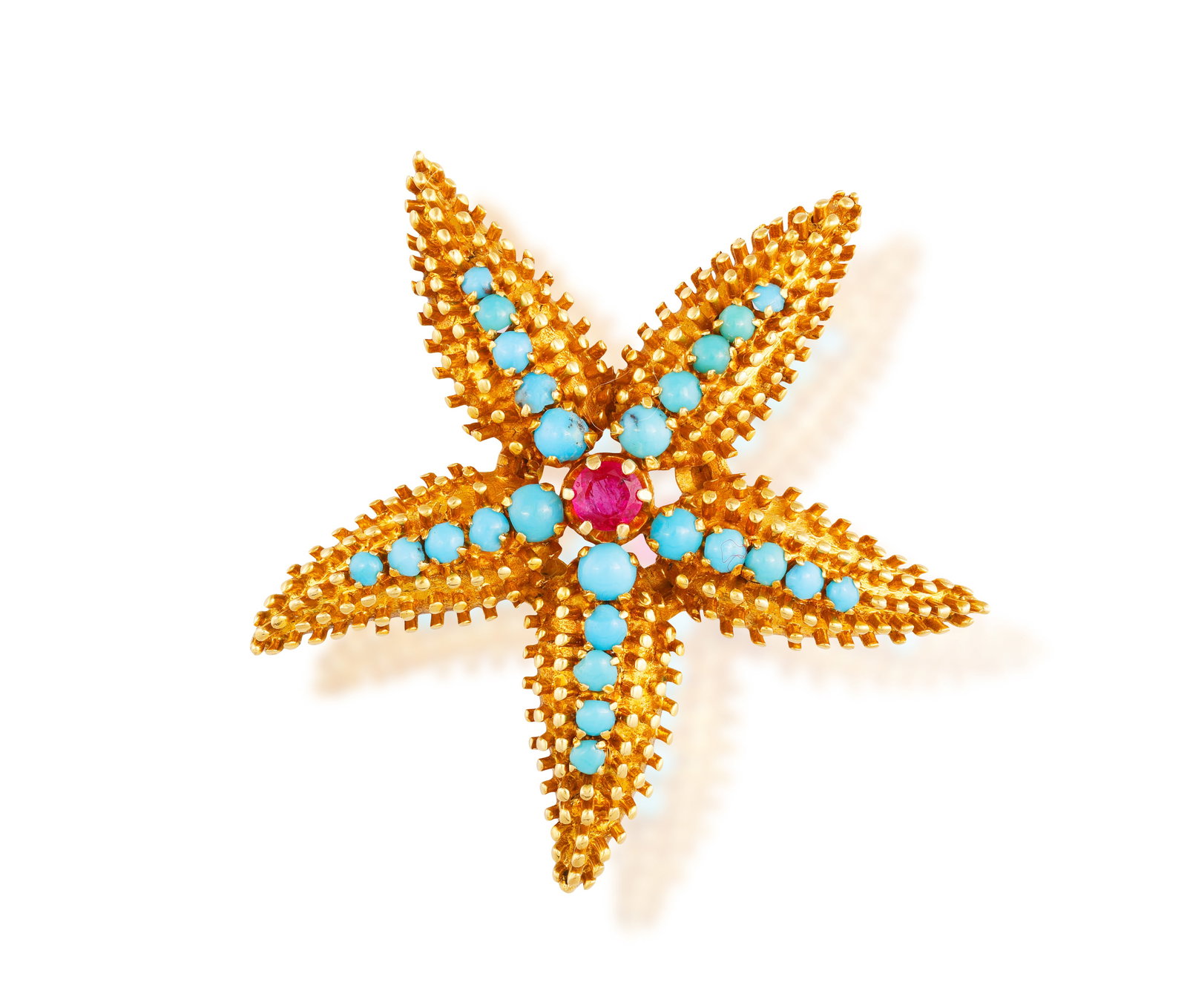 A RETRO TURQUOISE AND RUBY STARFISH BROOCH, CIRCA 1960 • Circular-cut turquoise cabochons R (1 of 2)